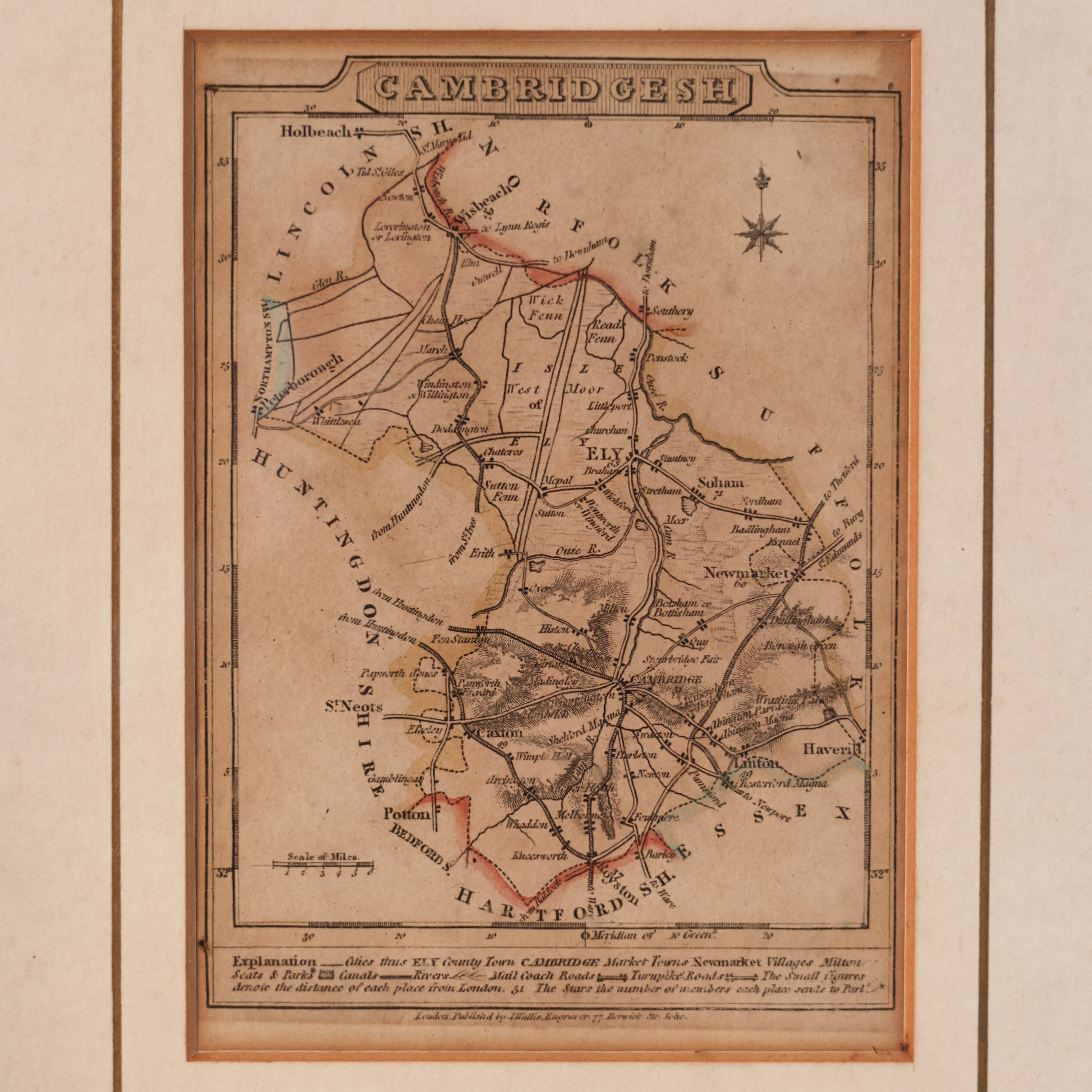 c. 1812 Engraving Map of Cambridgeshire, England