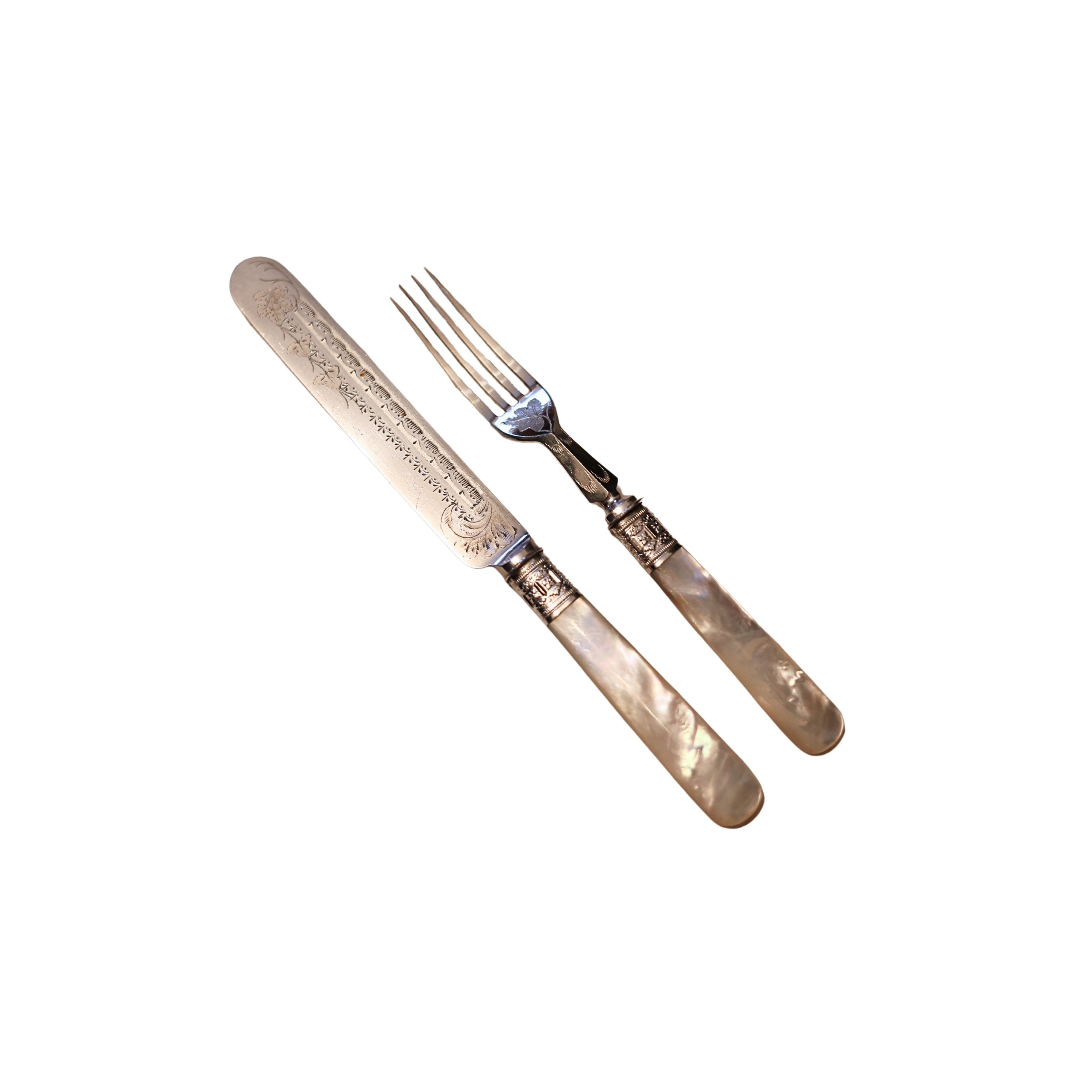Engraved Mother-of-Pearl Knife & Fork Dessert Set