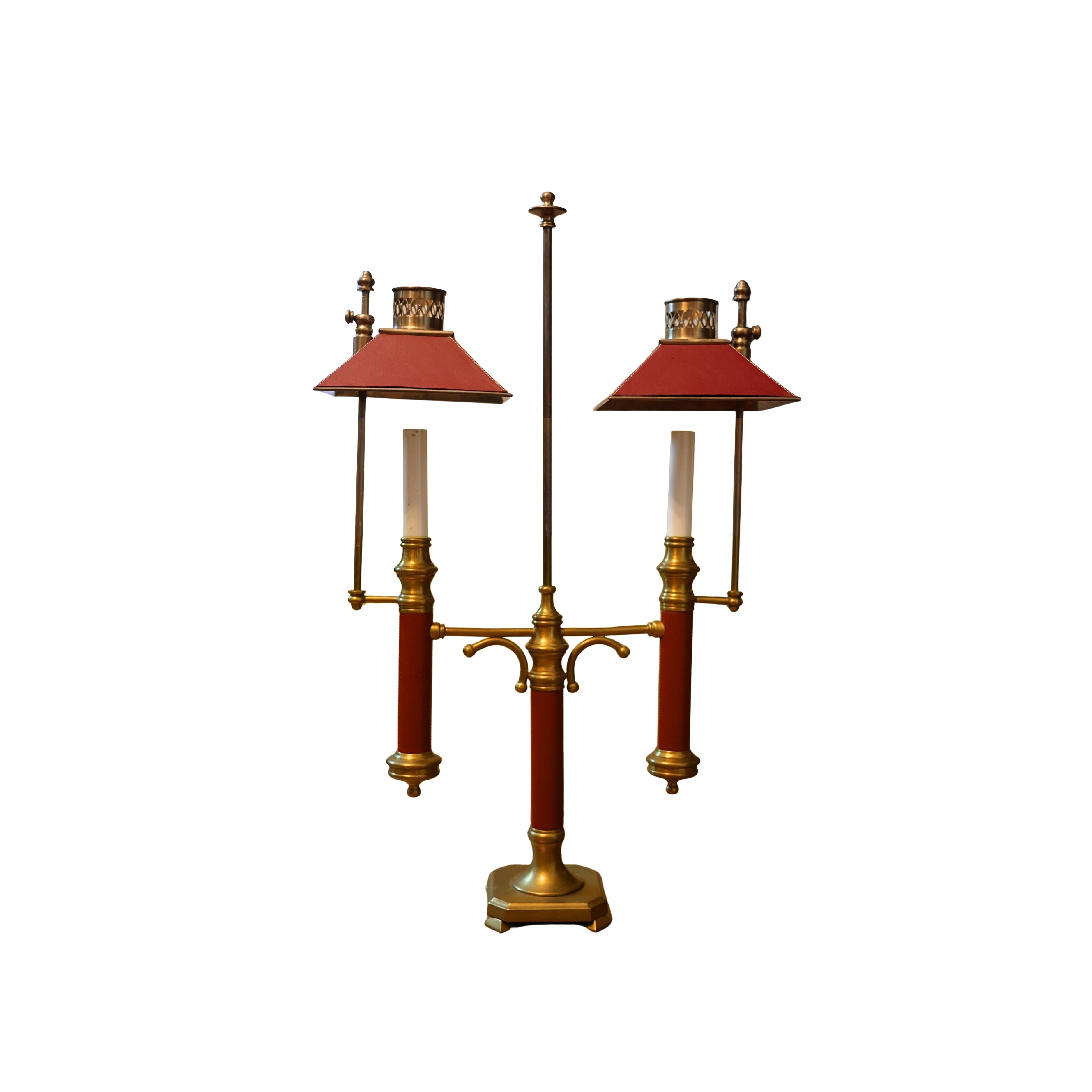 Brass & Red Leather Double Lamp by Frederick Cooper