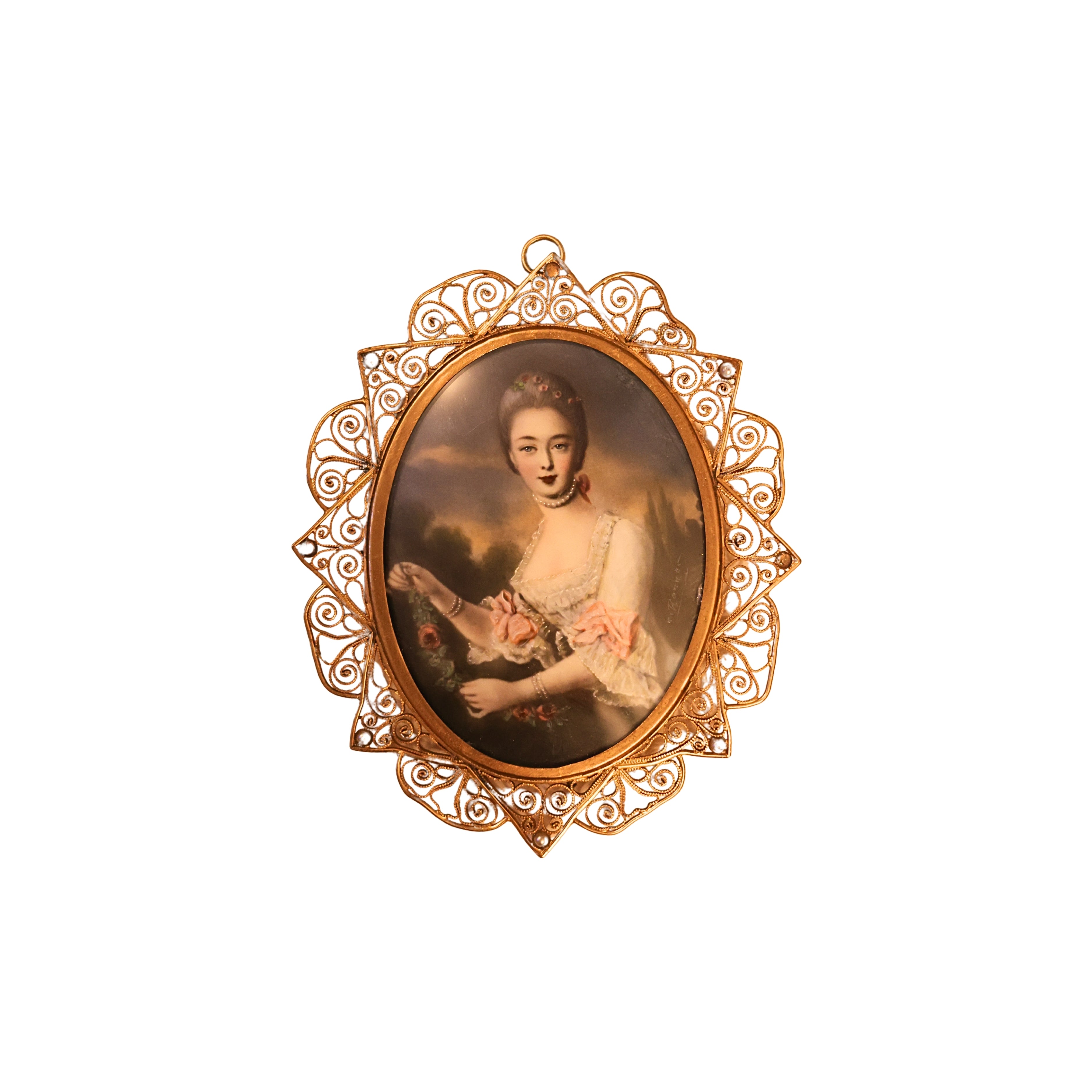 Portrait Miniature — Rococo Lady in Filigree Frame