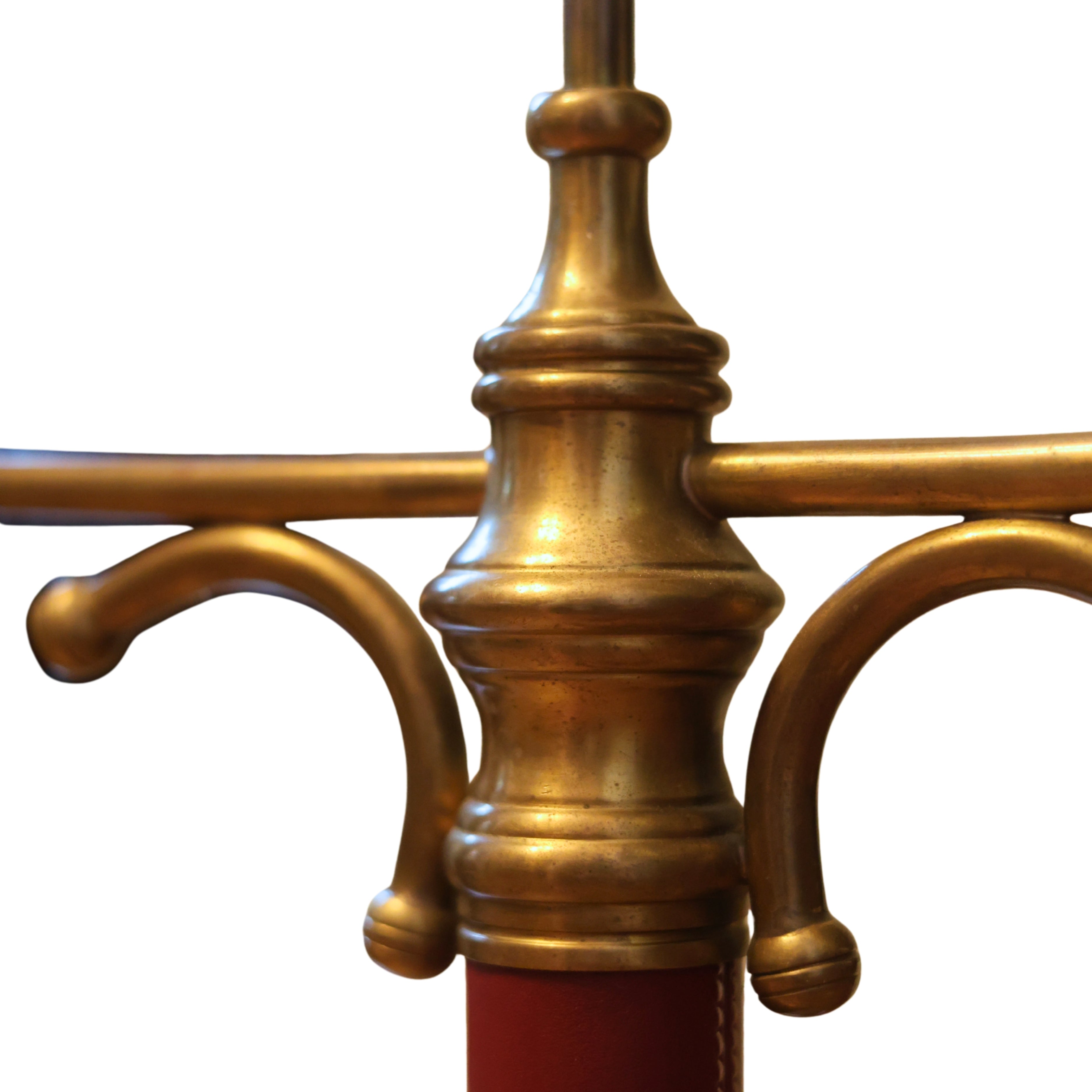 Brass & Red Leather Double Lamp by Frederick Cooper