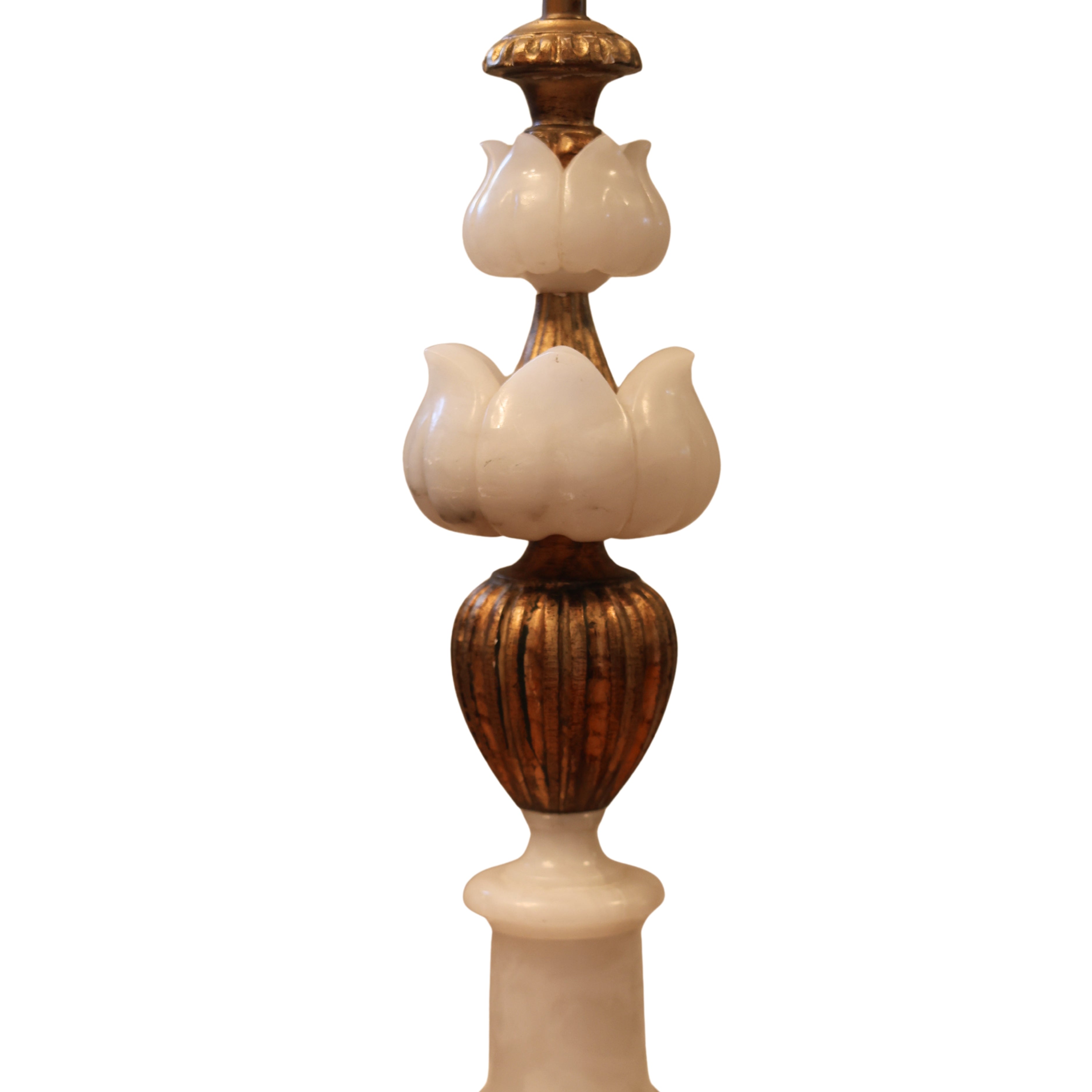 Carved Italian Alabaster and Wood Lotus Lamp