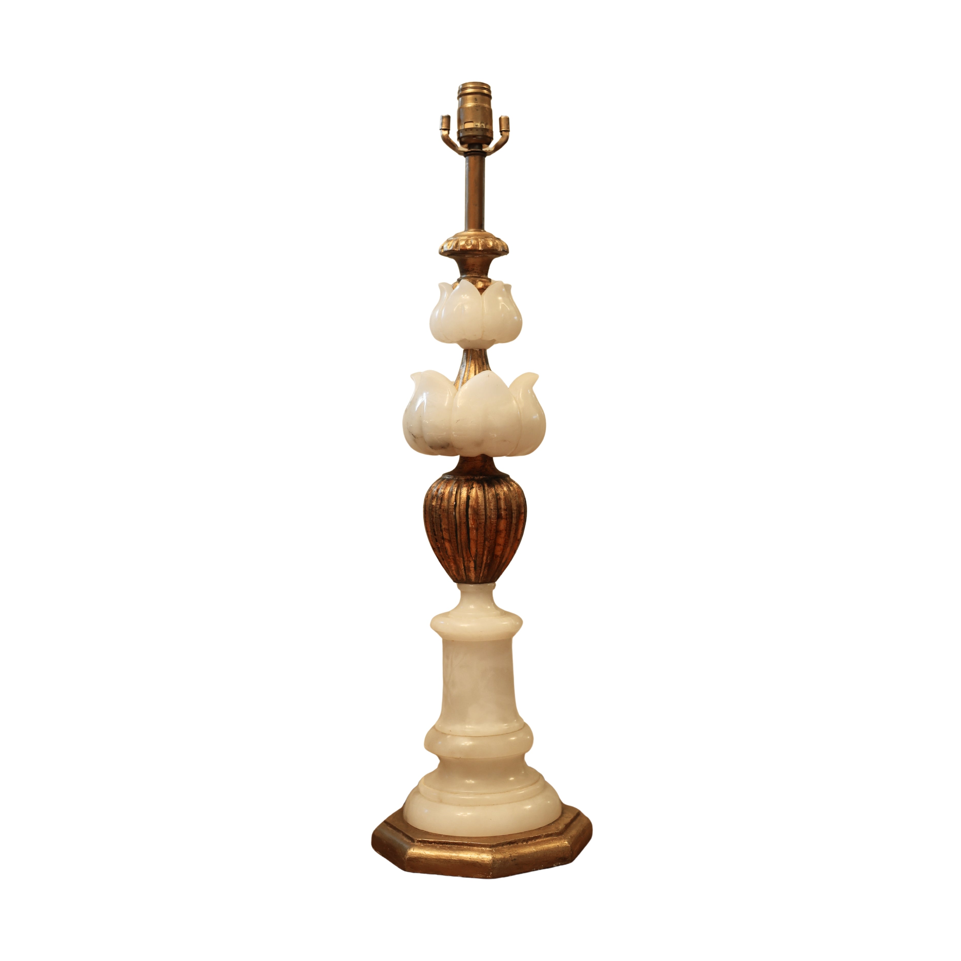 Carved Italian Alabaster and Wood Lotus Lamp