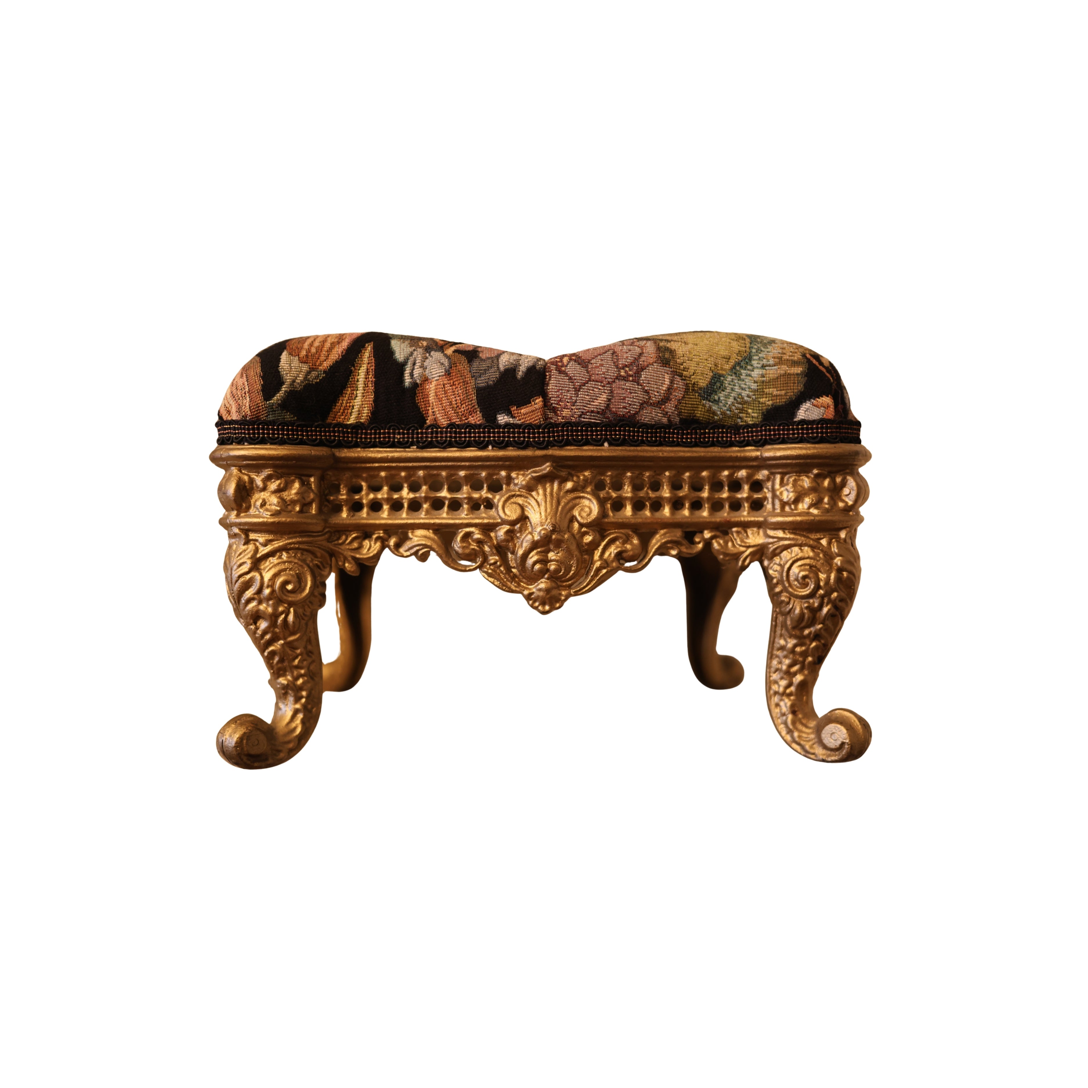 Floral Upholstered Gilt Iron Footstool