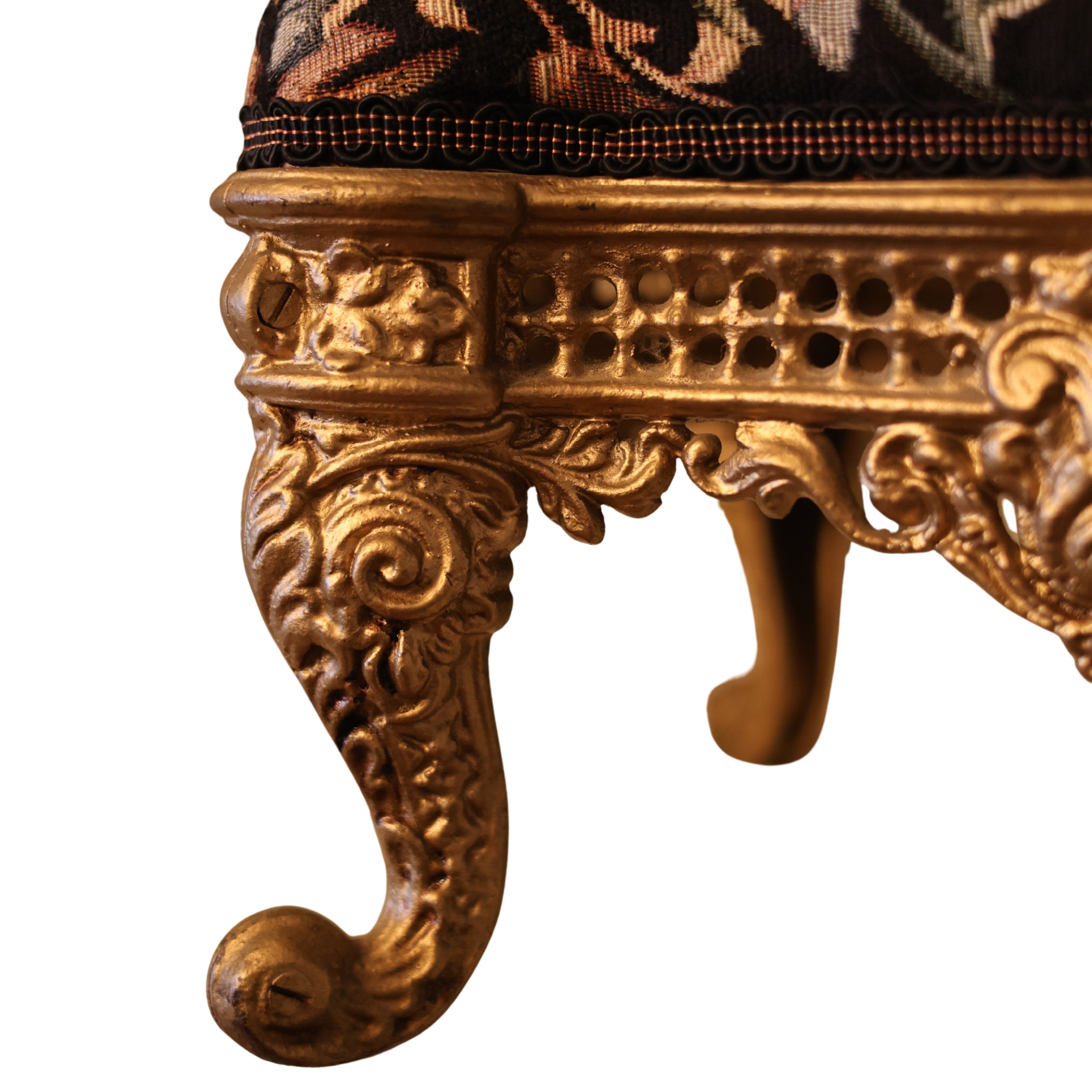 Floral Upholstered Gilt Iron Footstool