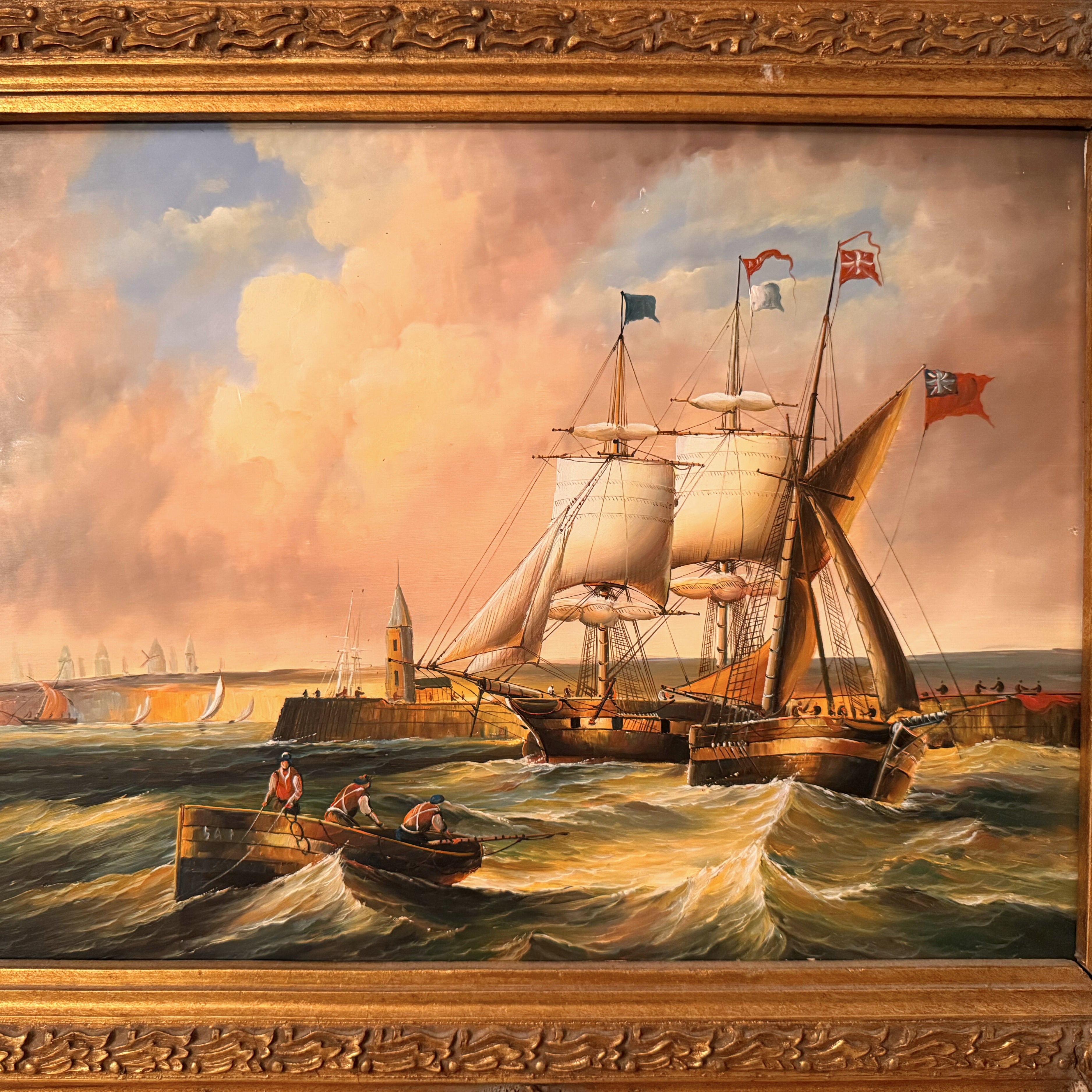Maritime Oil Painting — Ships in Heavy Seas