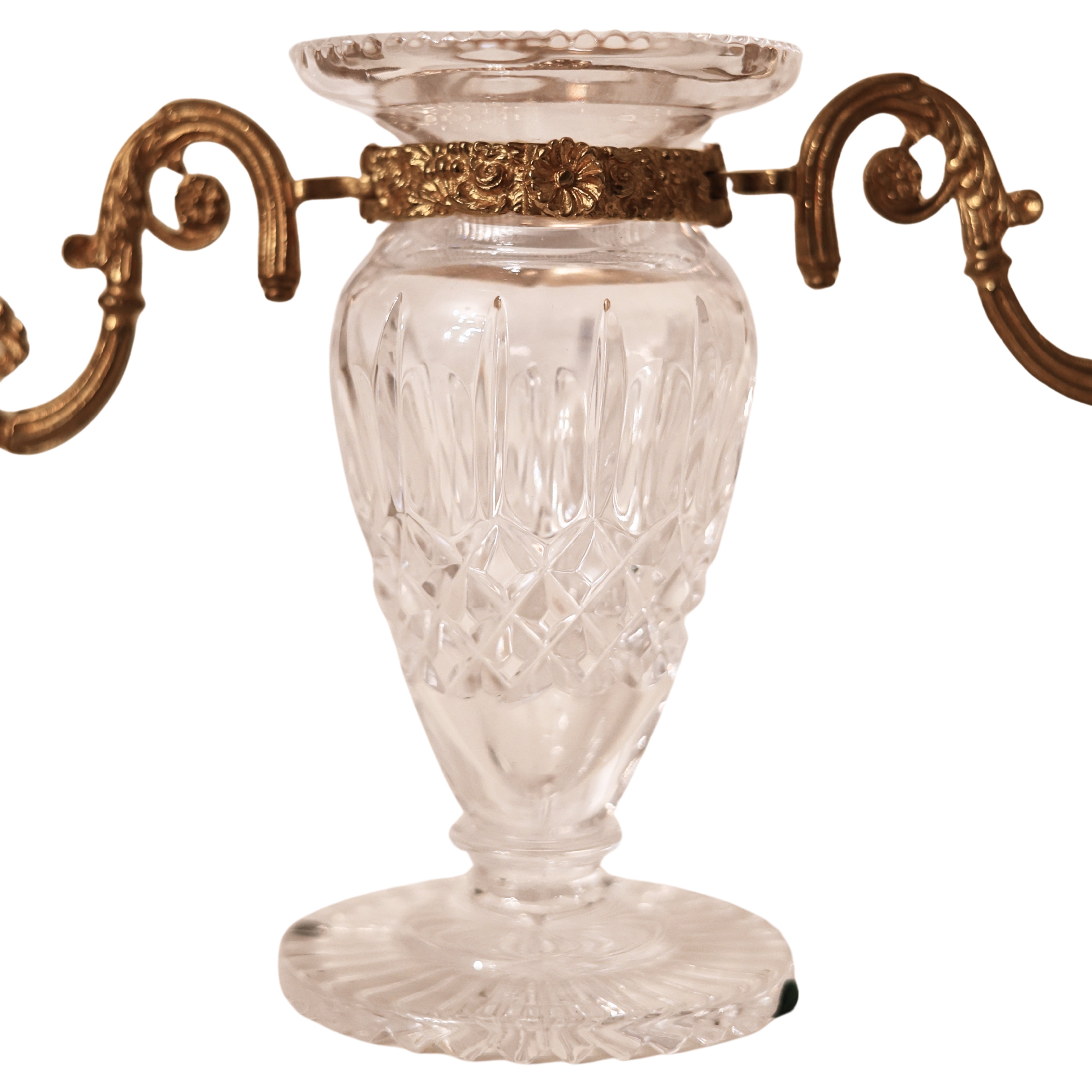 Cut Crystal Vase with Brass Dual Candle Arms