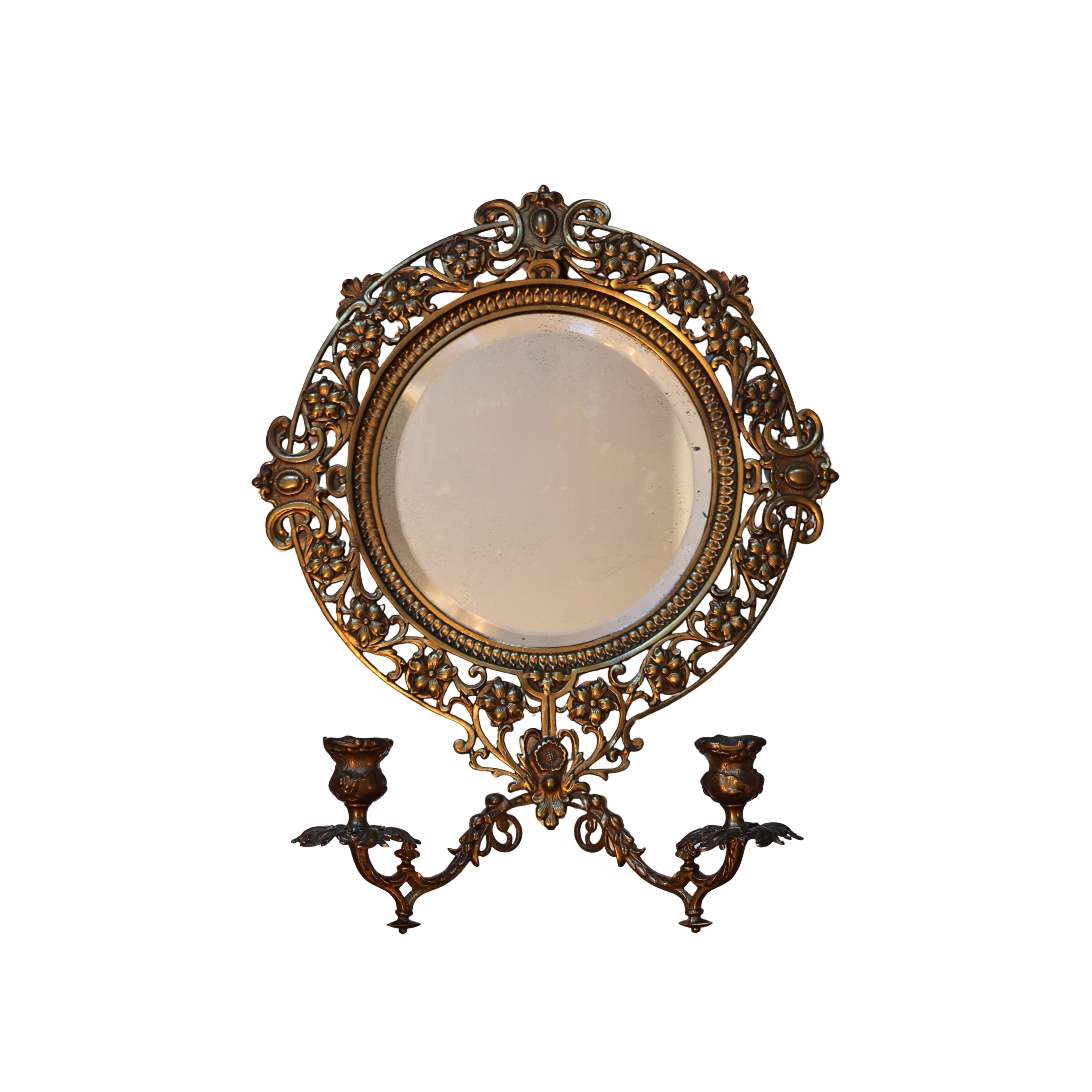 Ornate Brass Mirror with Twin Candleholders