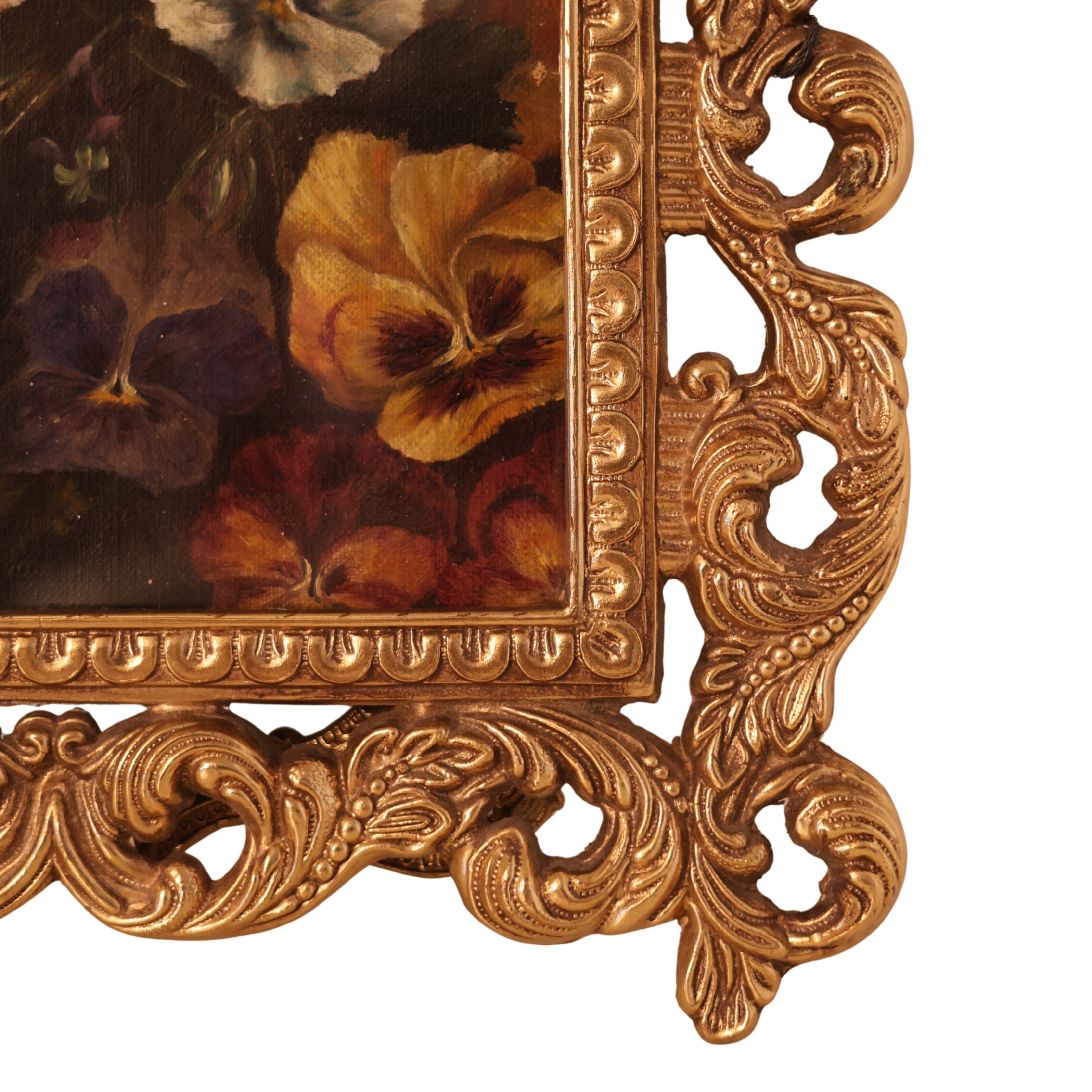 Ornate Brass Framed Pansy Oil Painting