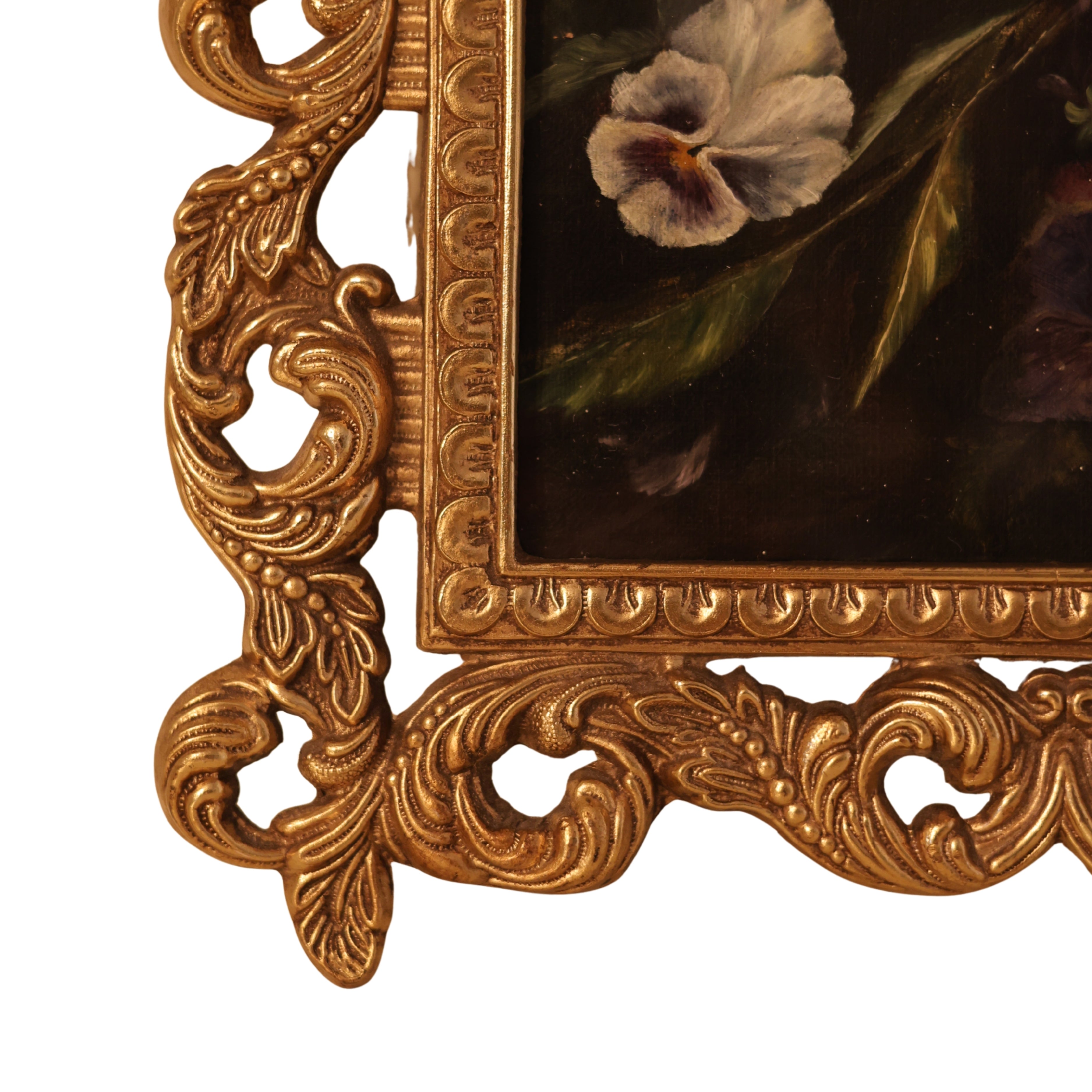 Ornate Brass Framed Pansy Oil Painting