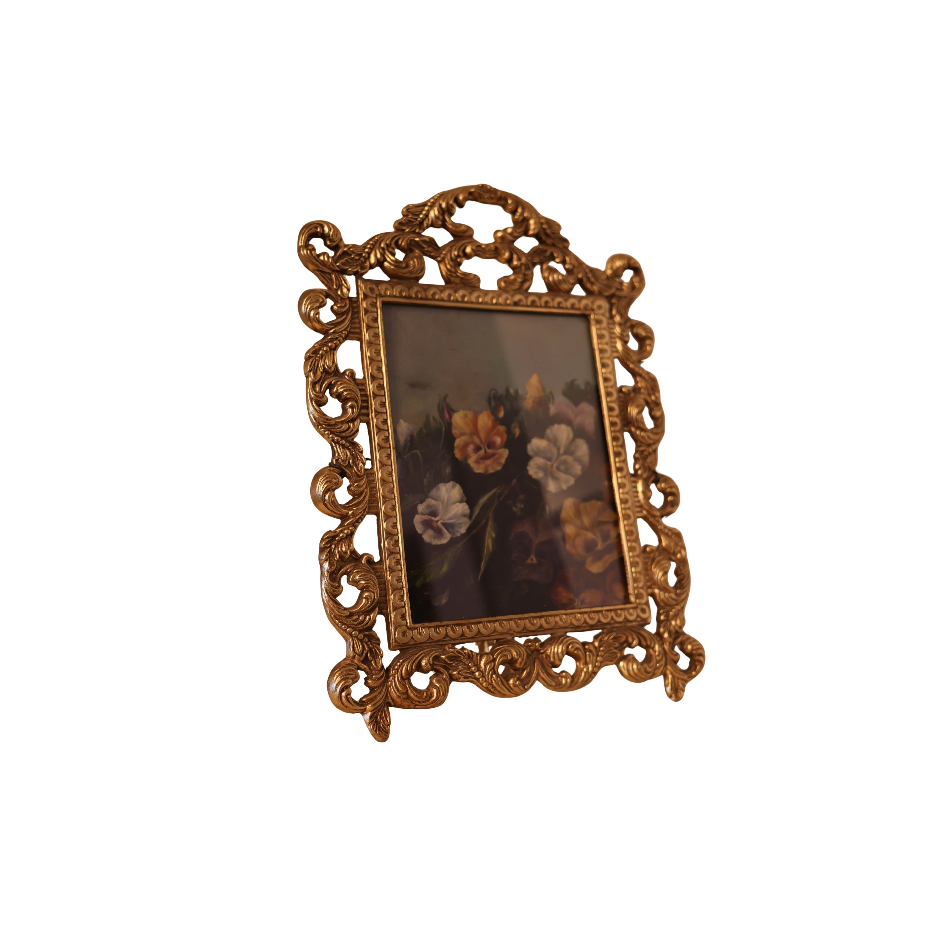 Ornate Brass Framed Pansy Oil Painting