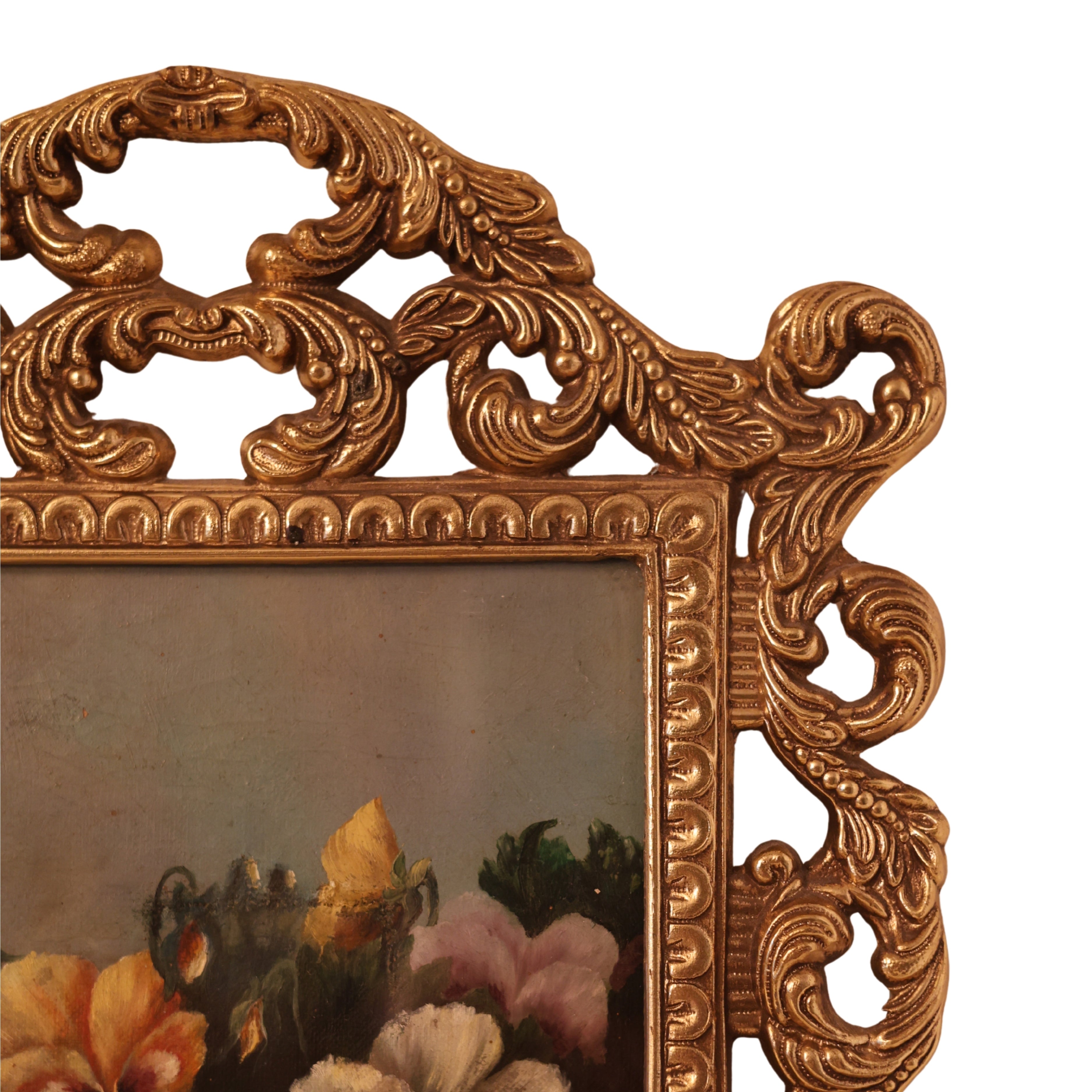Ornate Brass Framed Pansy Oil Painting