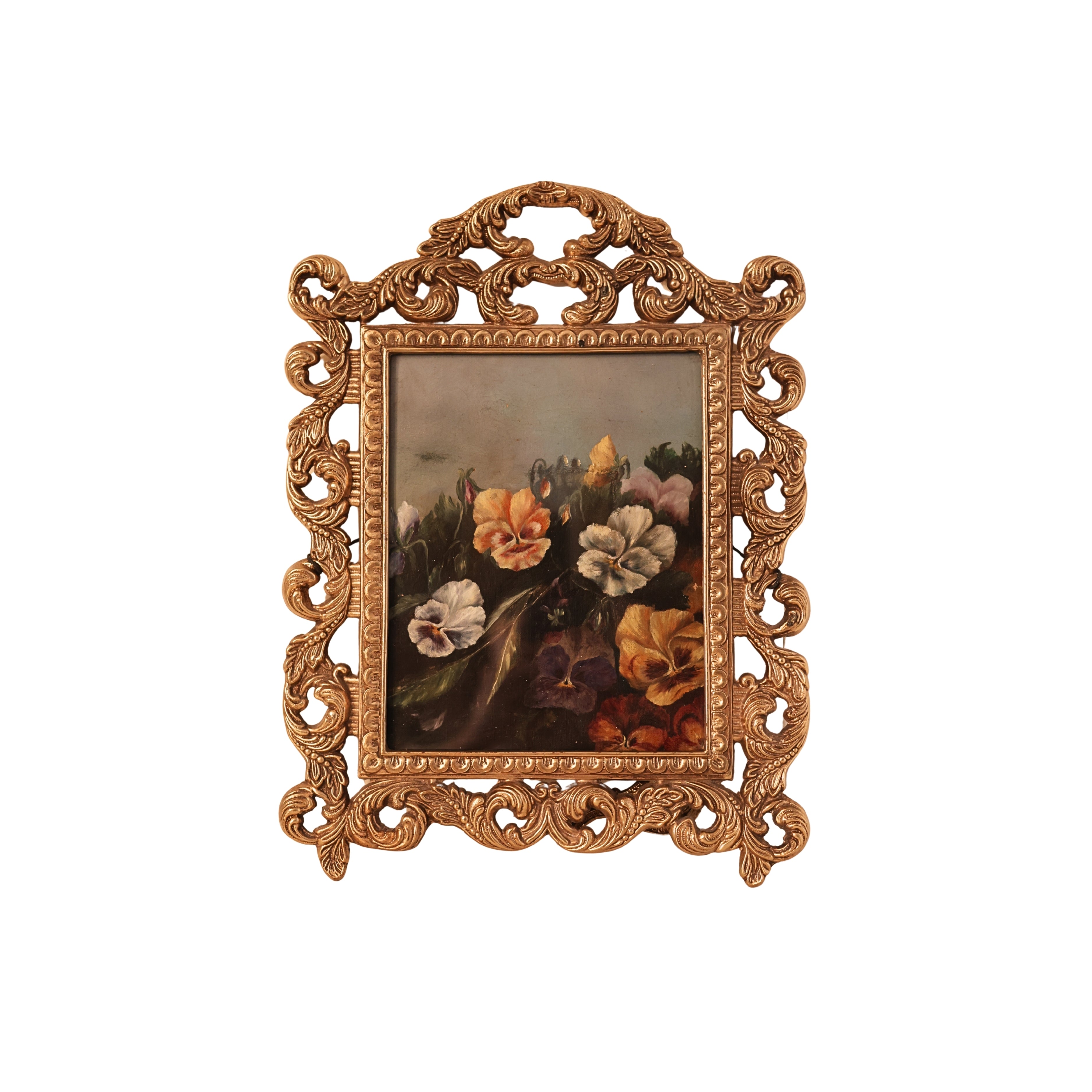 Ornate Brass Framed Pansy Oil Painting