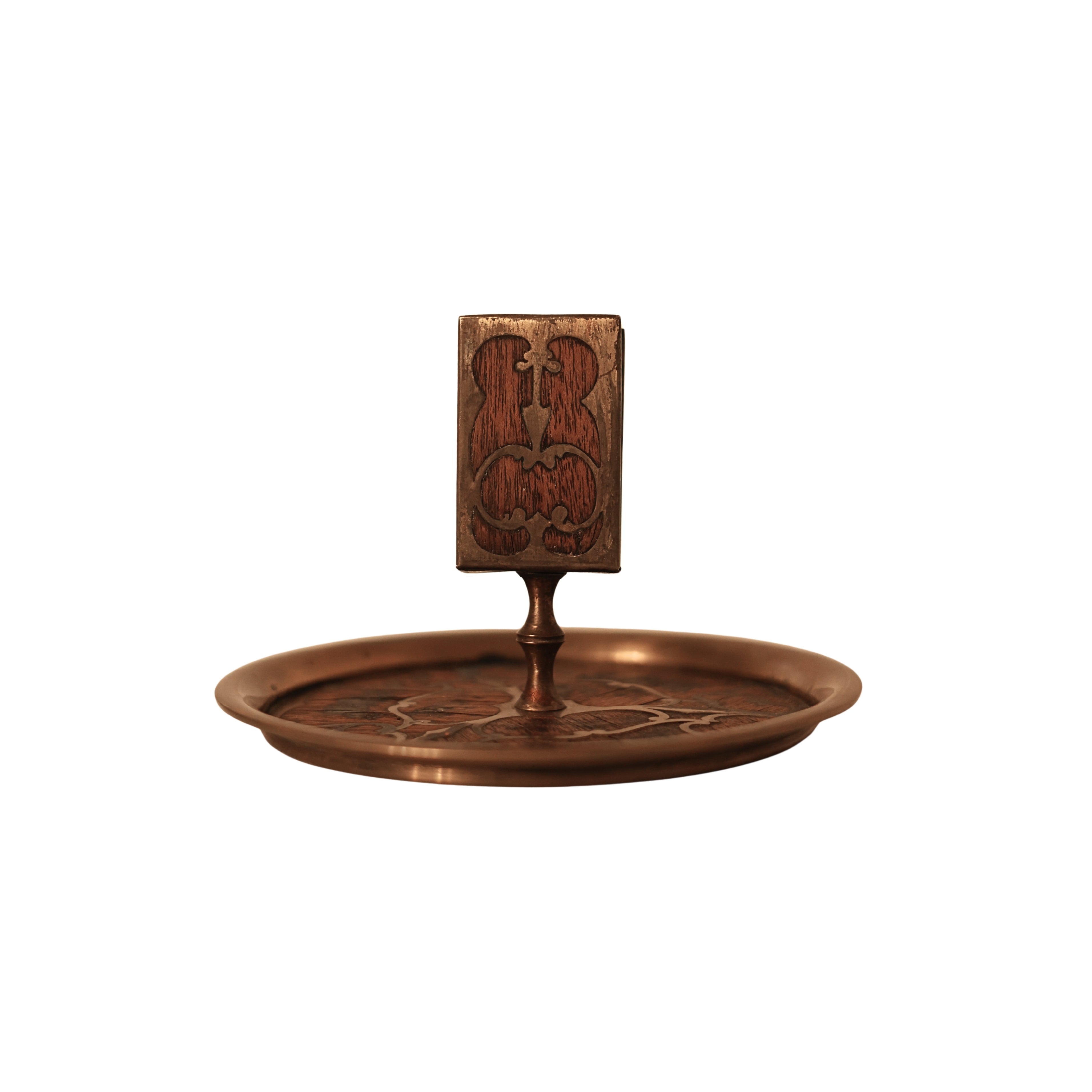 Arts & Crafts Brass and Inlaid Wood Match Holder