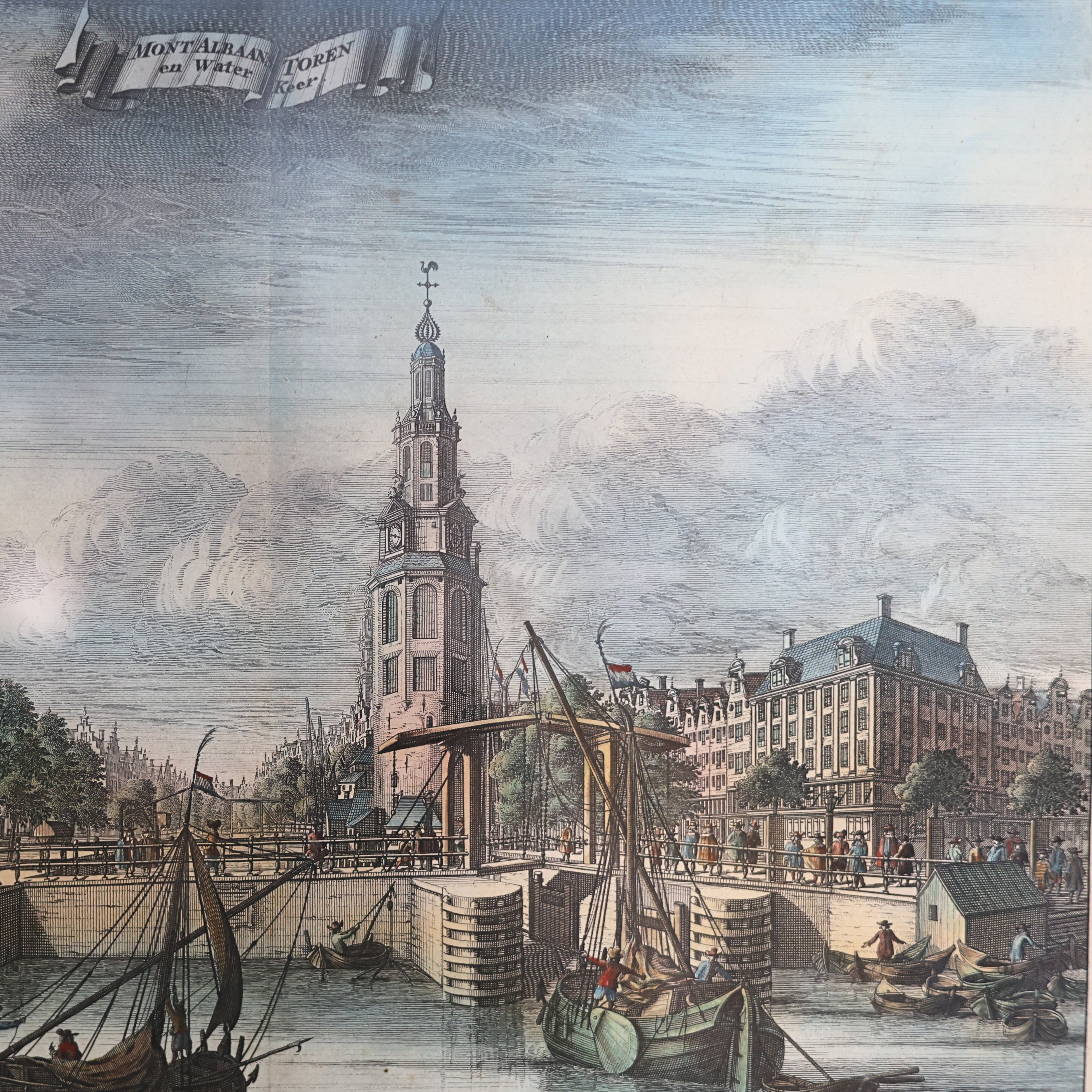 18th c. Caspar Commelin Amsterdam Engraving – Montelbaanstoren & Harbor View