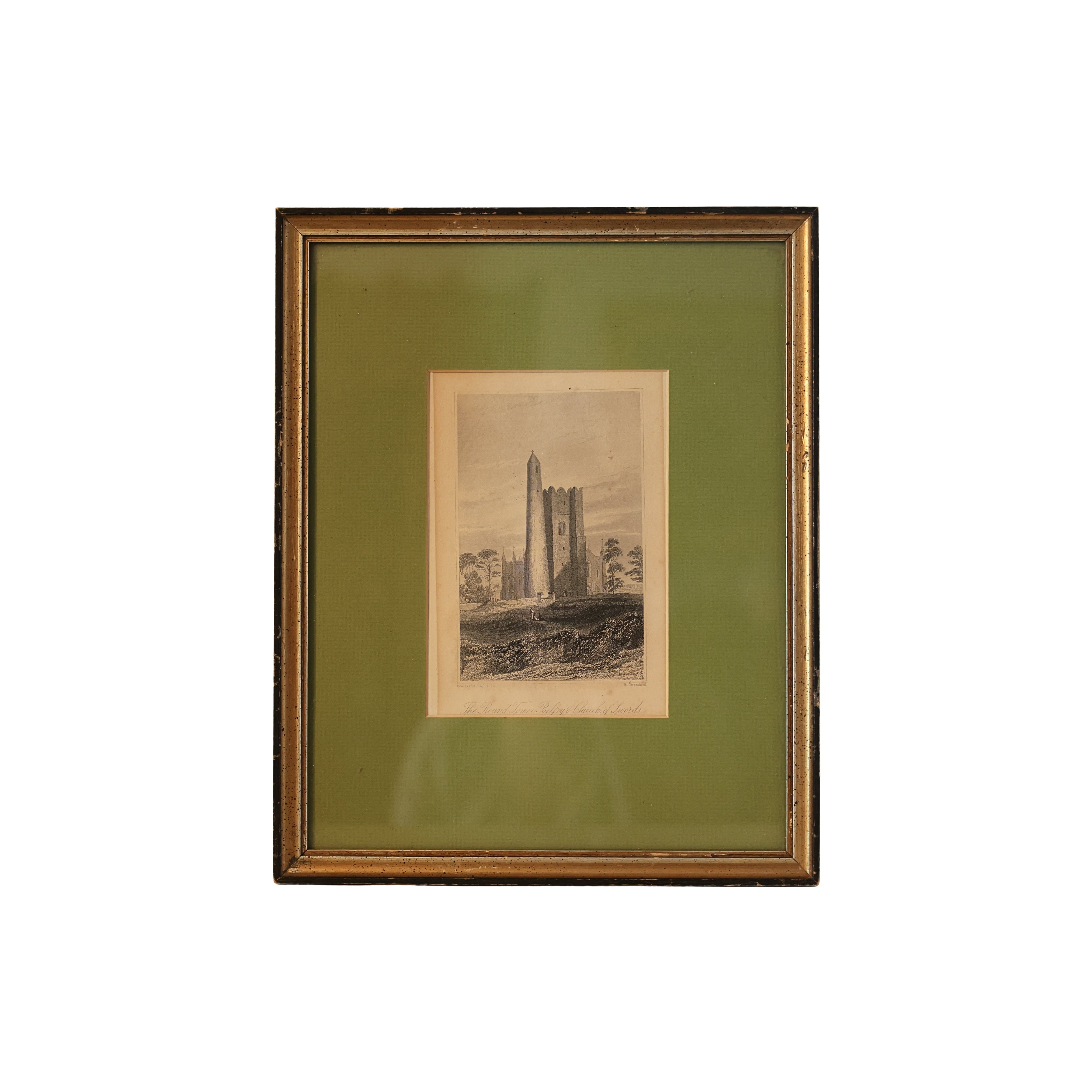 19th c. Irish Engraving – The Round Tower Belfry & Church of Swords