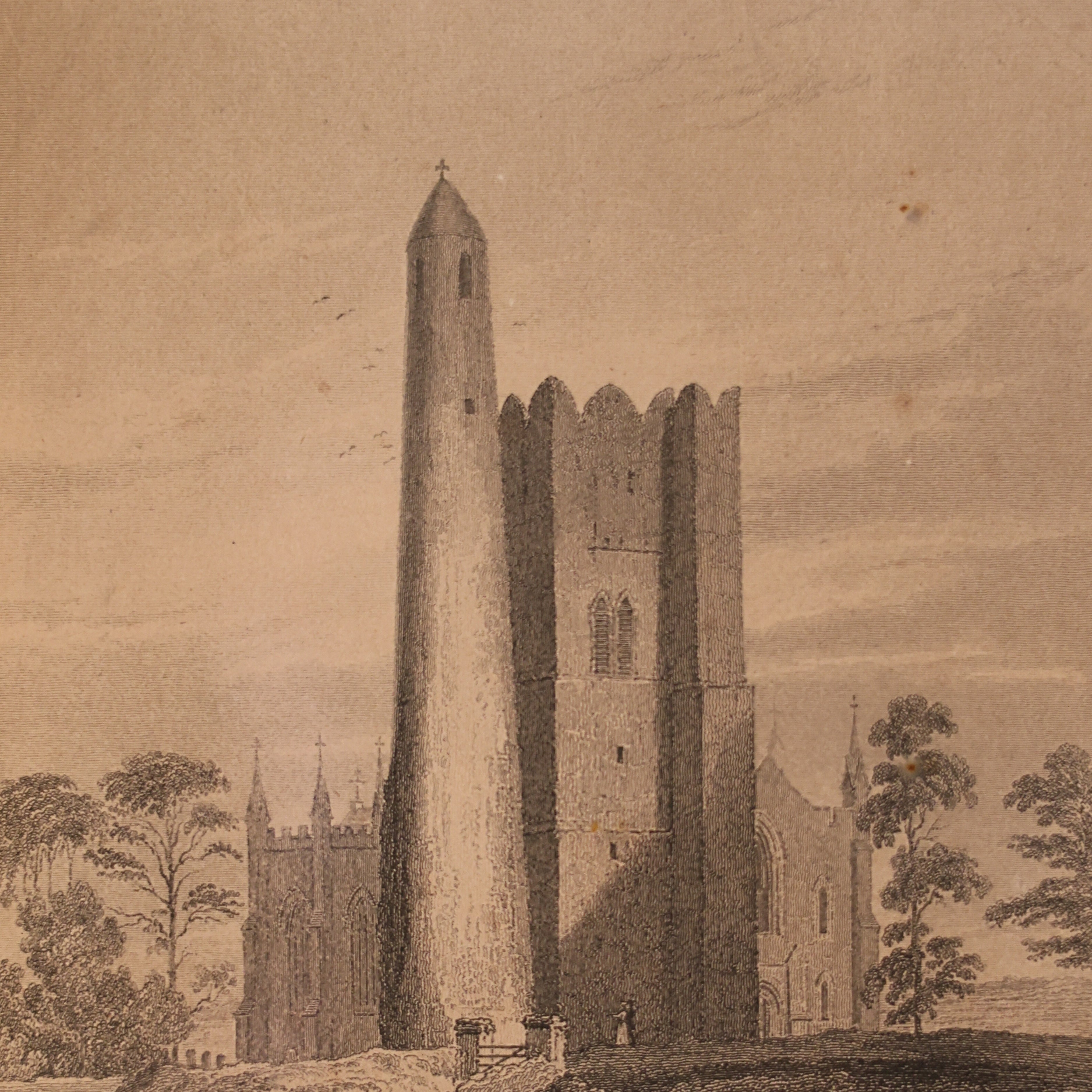 19th c. Irish Engraving – The Round Tower Belfry & Church of Swords