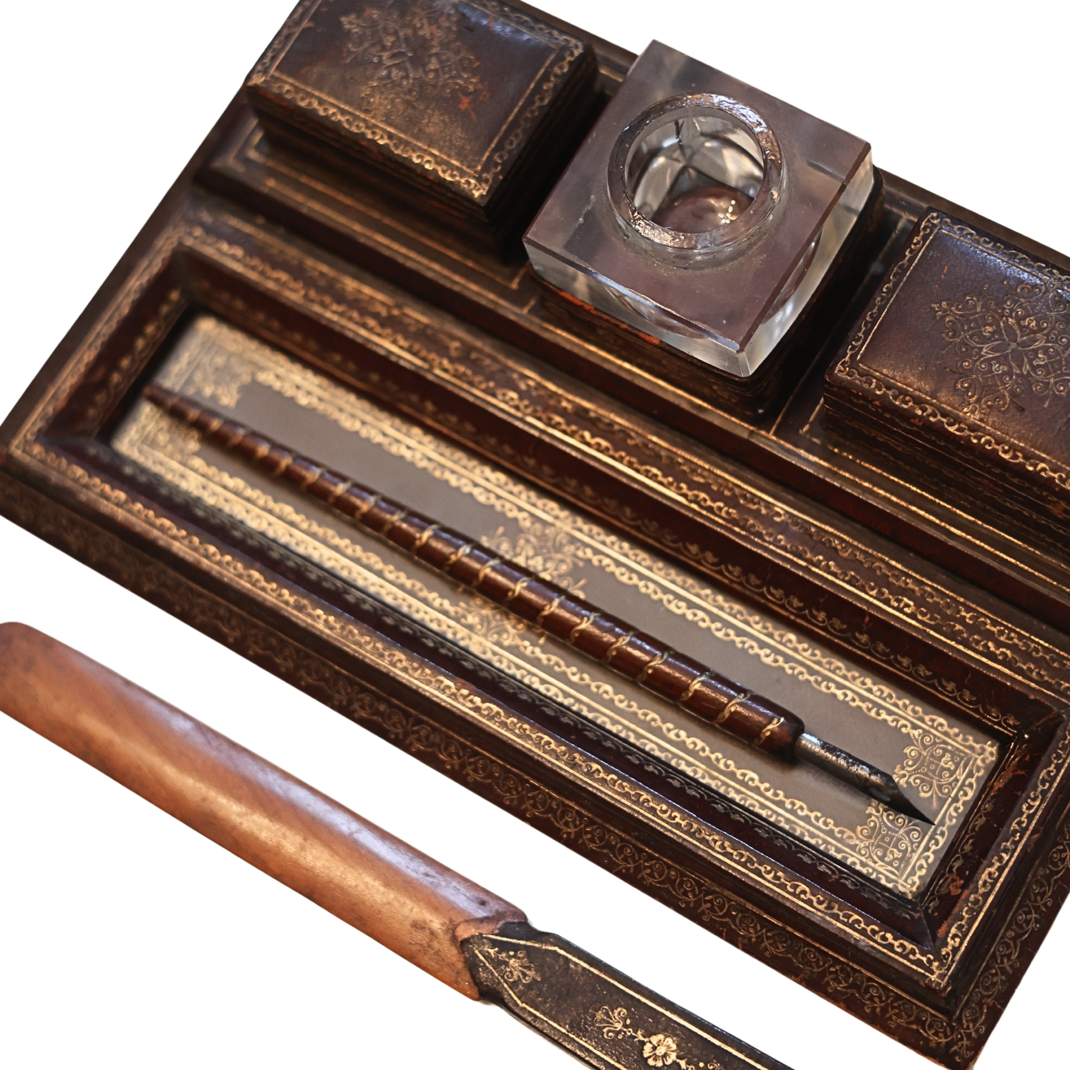 Italian Tooled Leather Desk Set