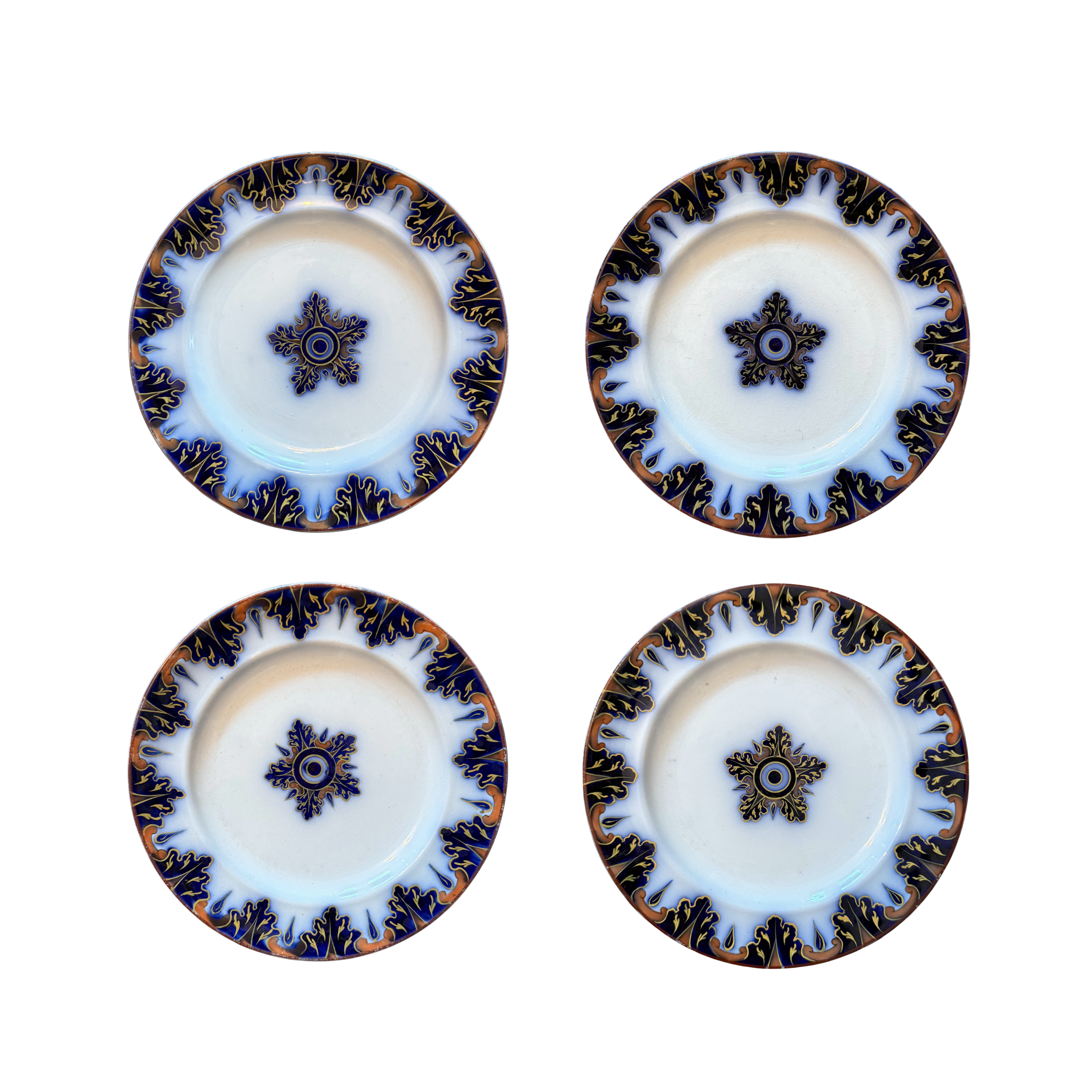 Flow Blue Sunburst Plates, Set of 4