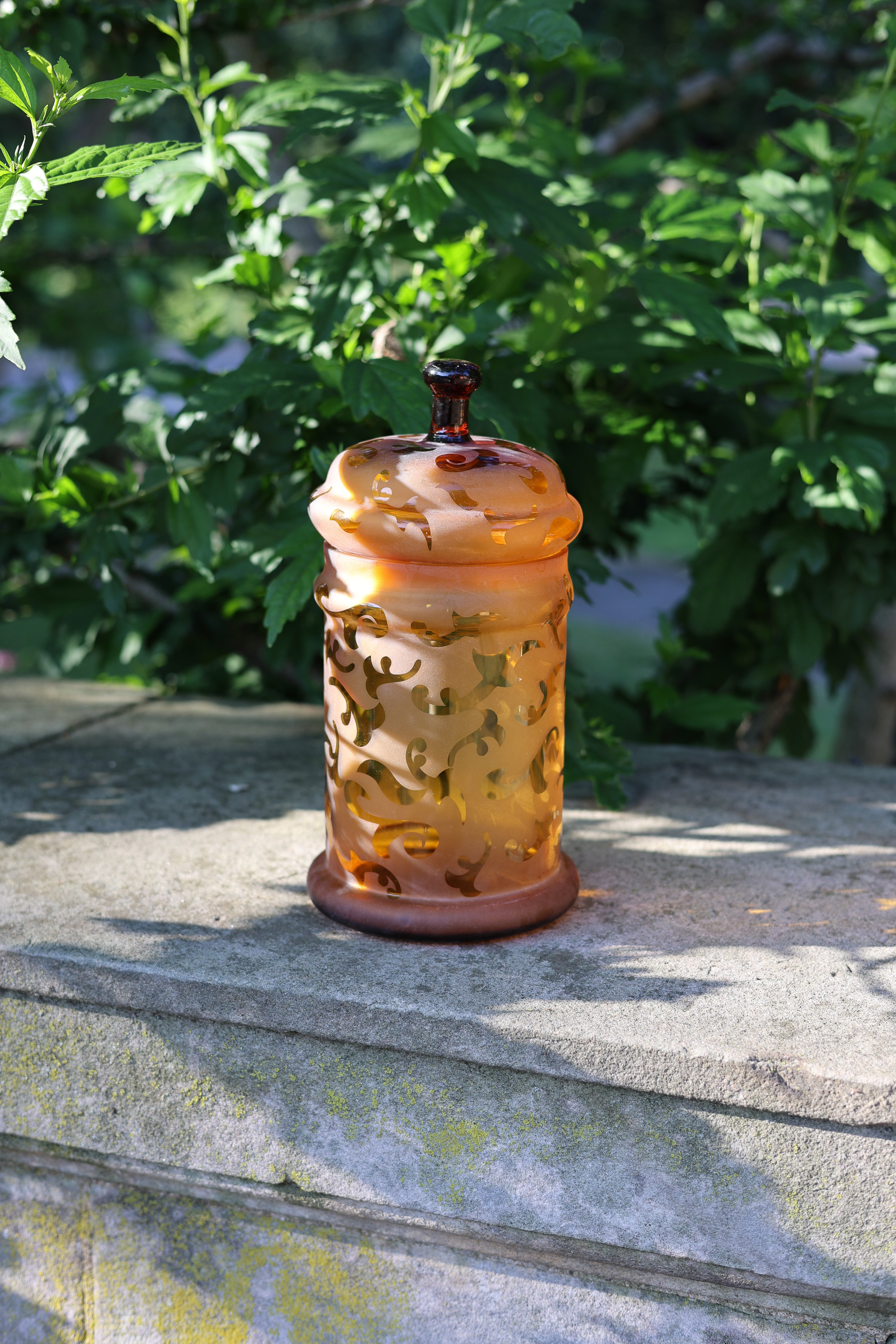 Amber Acid-Etched Glass Apothecary Jar