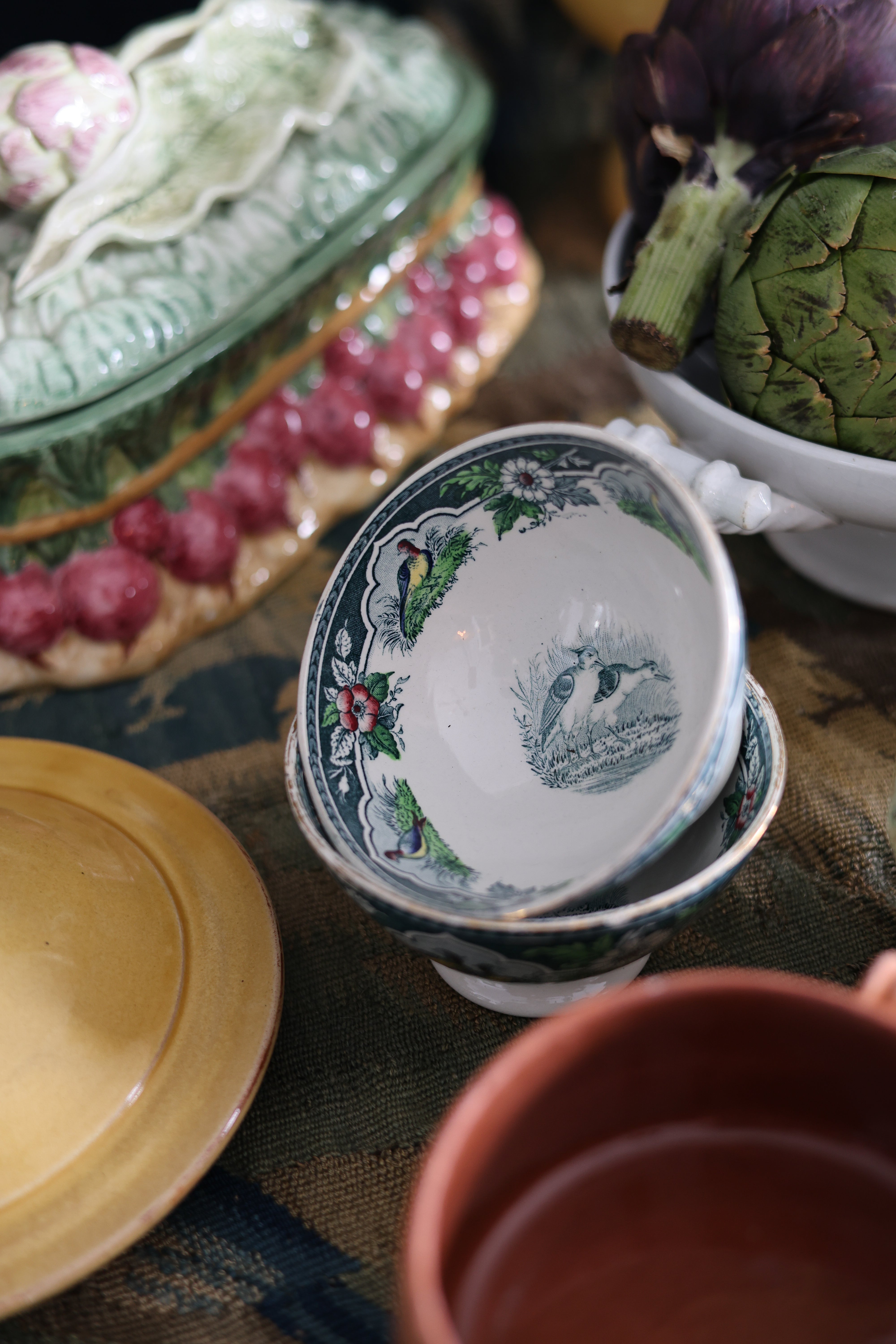 French Portieux Vallerysthal “Blue Quail” Pattern Bowls, Pair