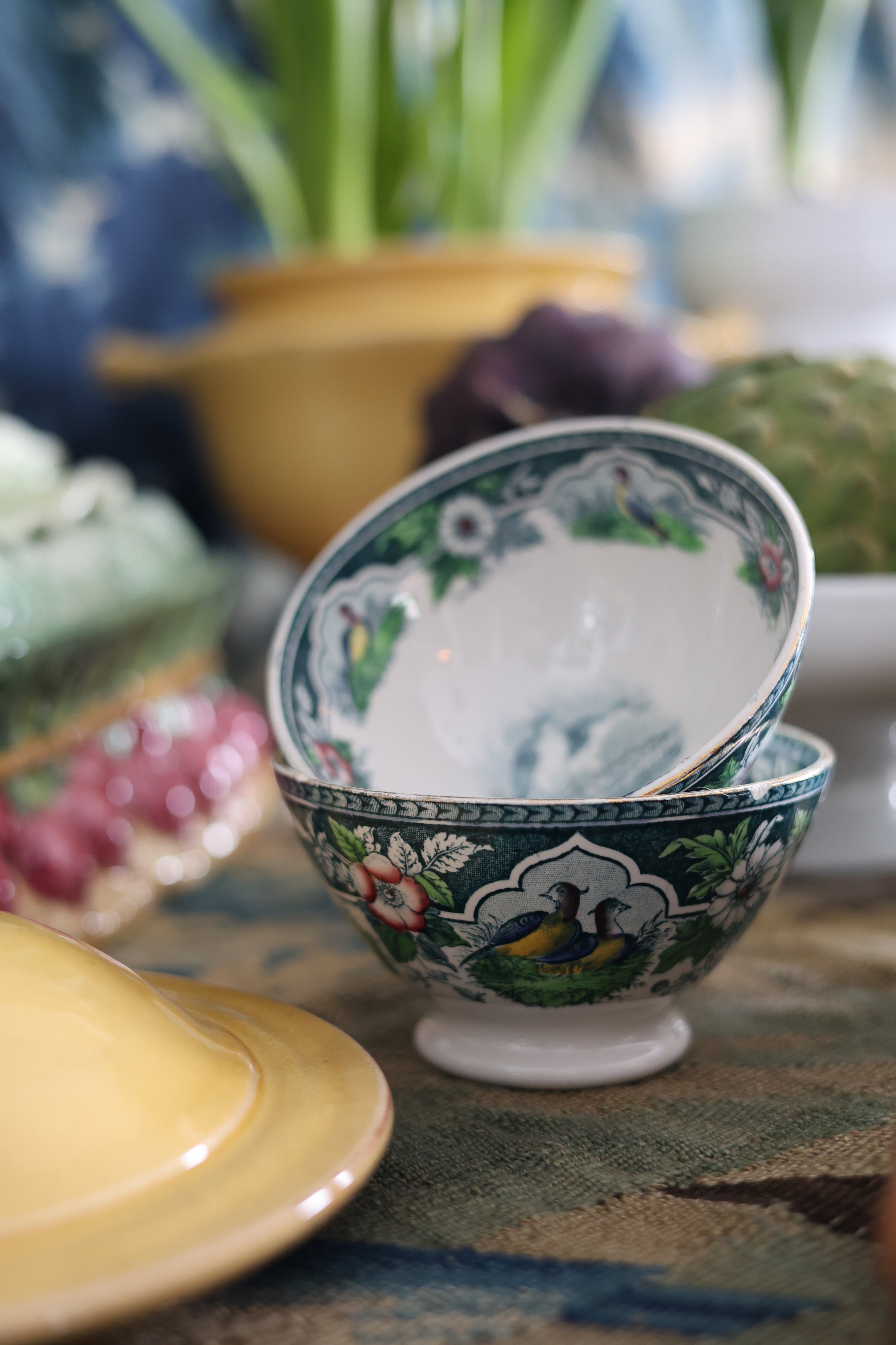 French Portieux Vallerysthal “Blue Quail” Pattern Bowls, Pair