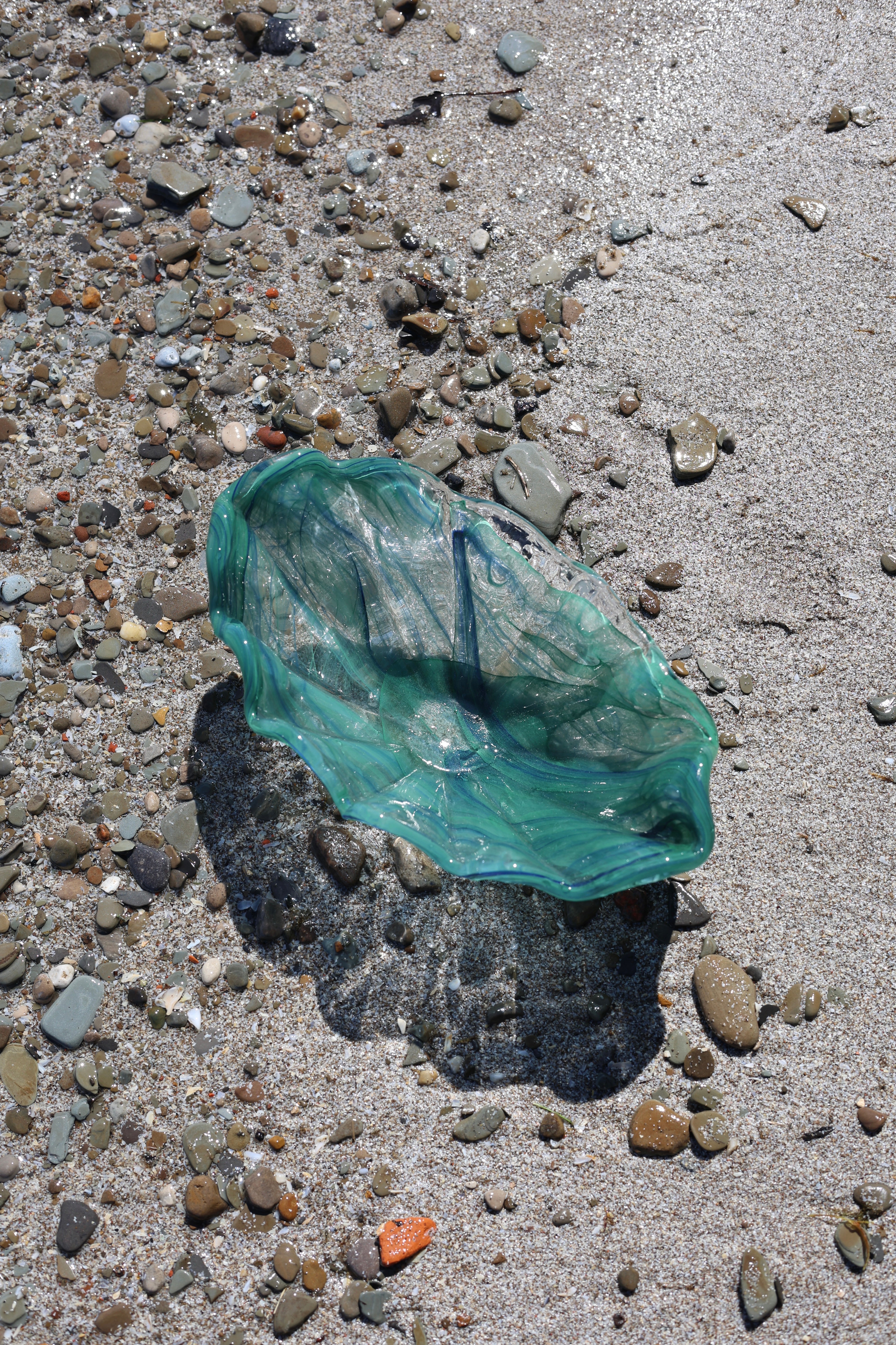 Murano Blue & Green Art Glass Ruffle Bowl