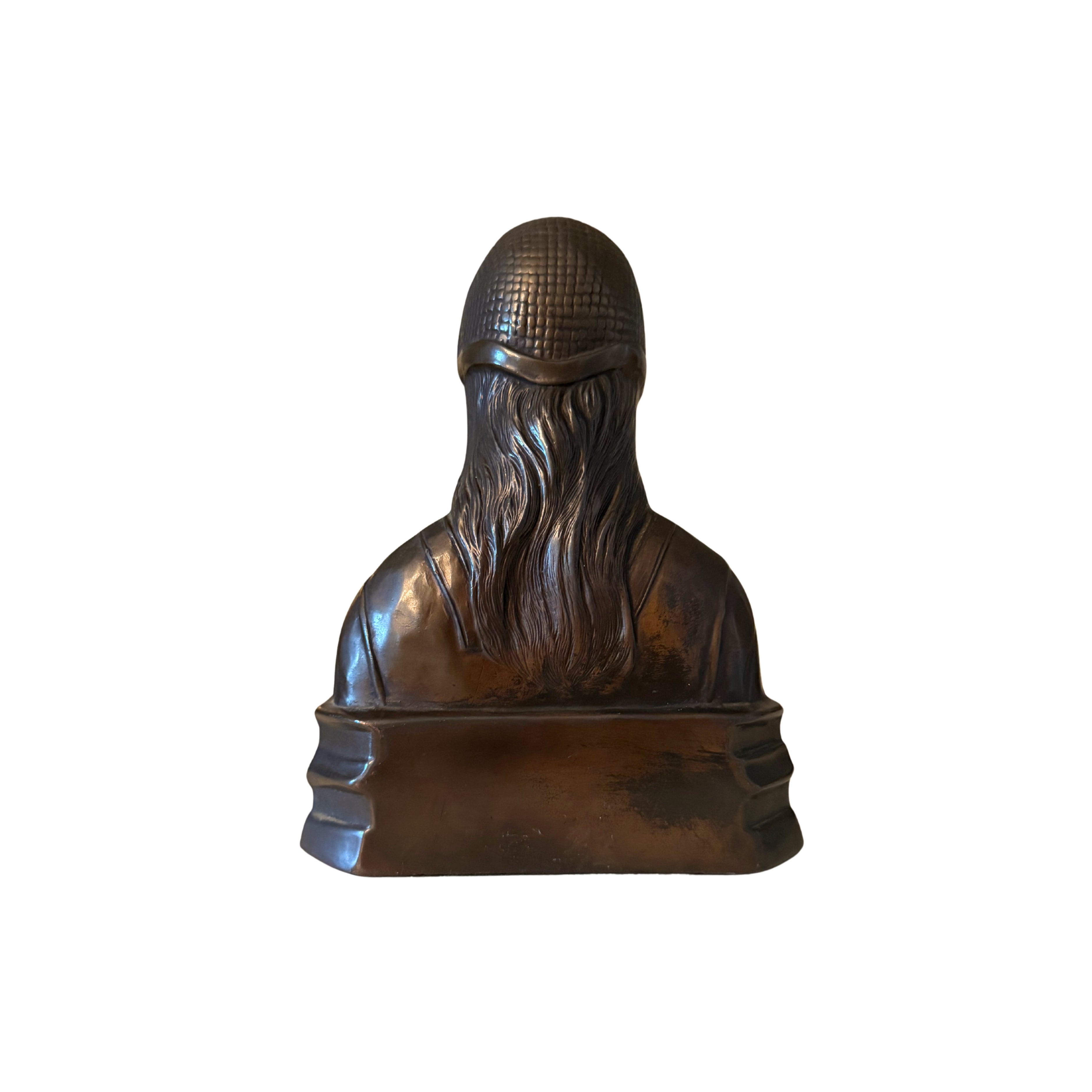 Bronze bust of a bearded figure wearing a helmet on a white background