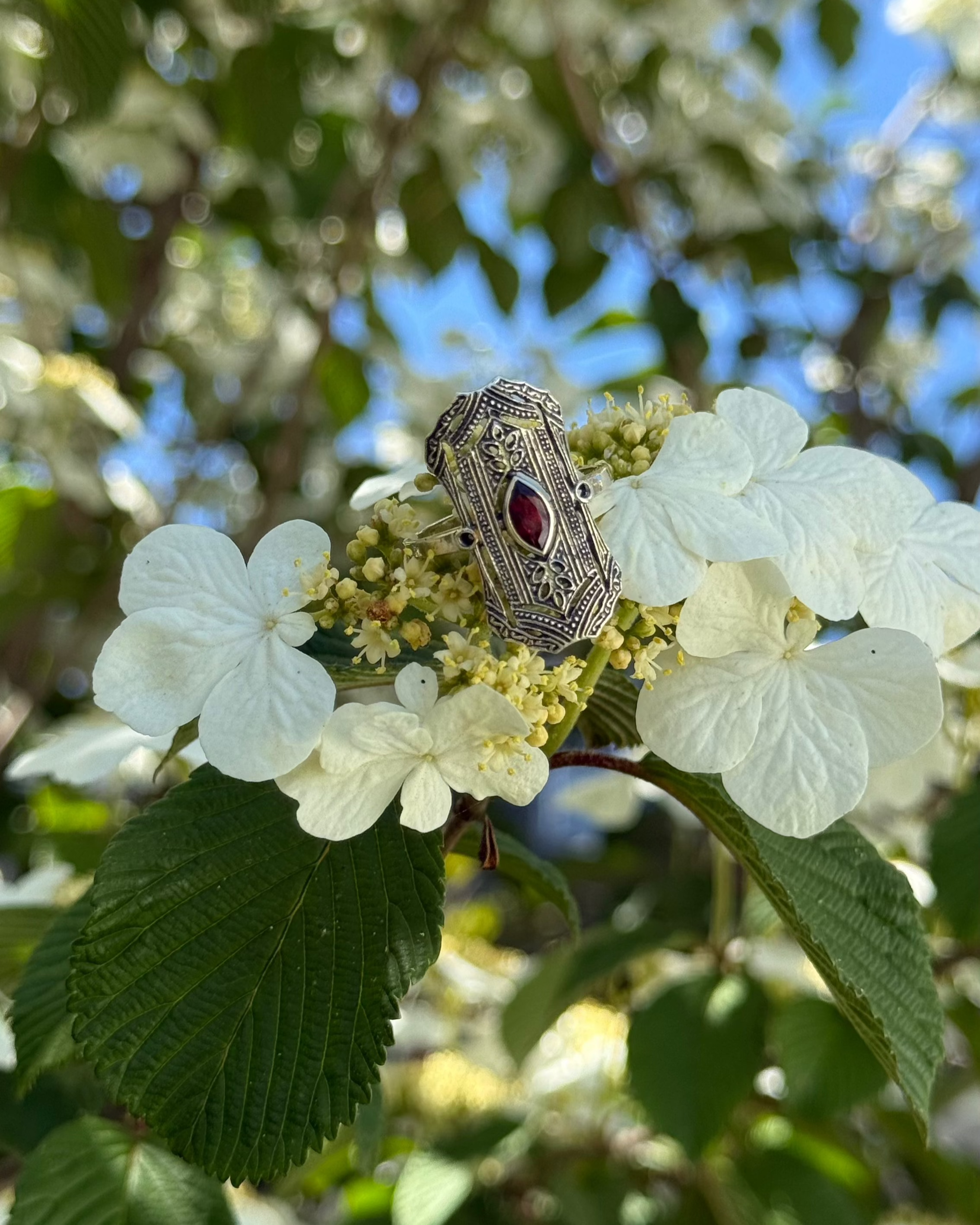 Art Deco Garnet Filigree Shield Ring
