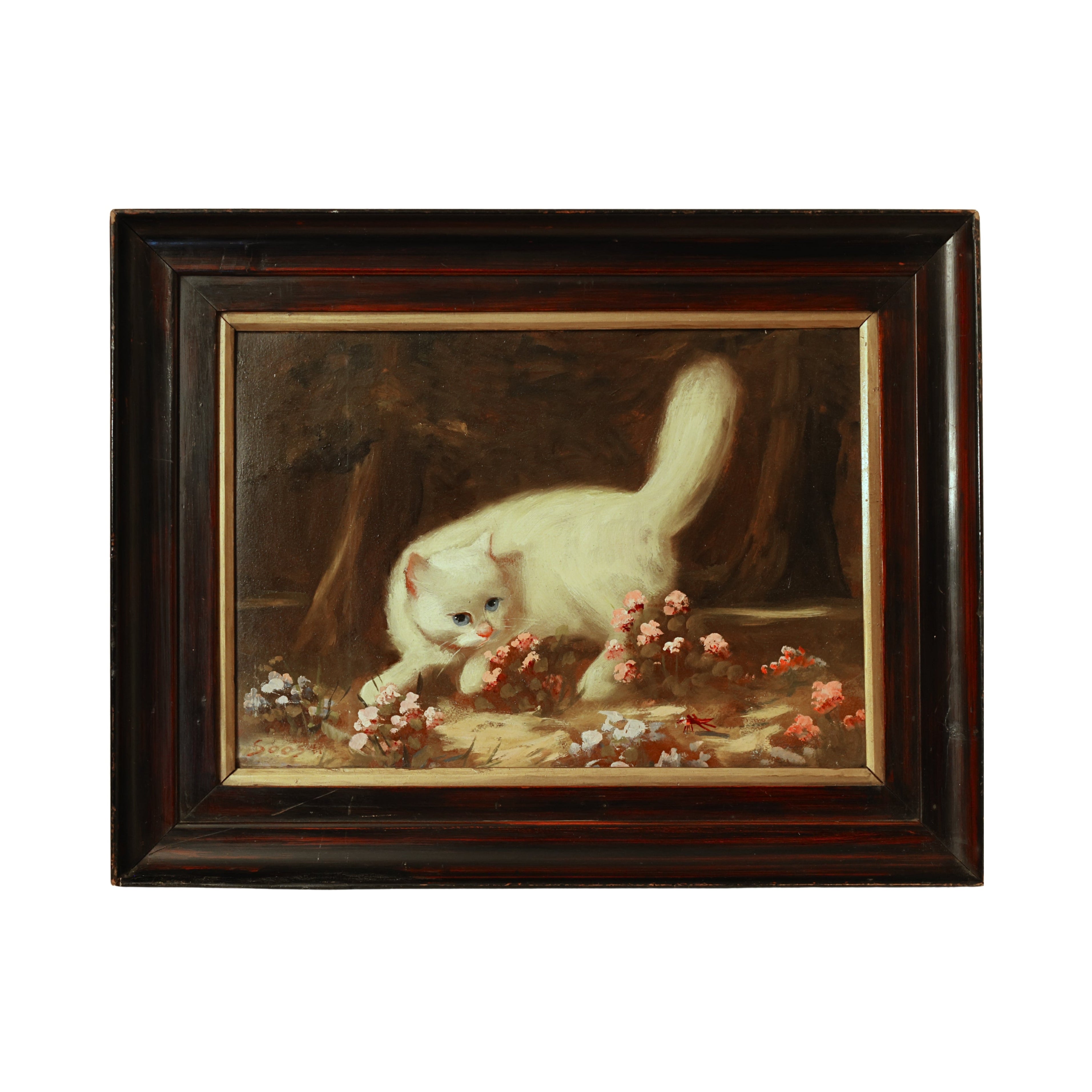 Cat Painting "Hunt Scene", Oil on Panel, Unknown Artist