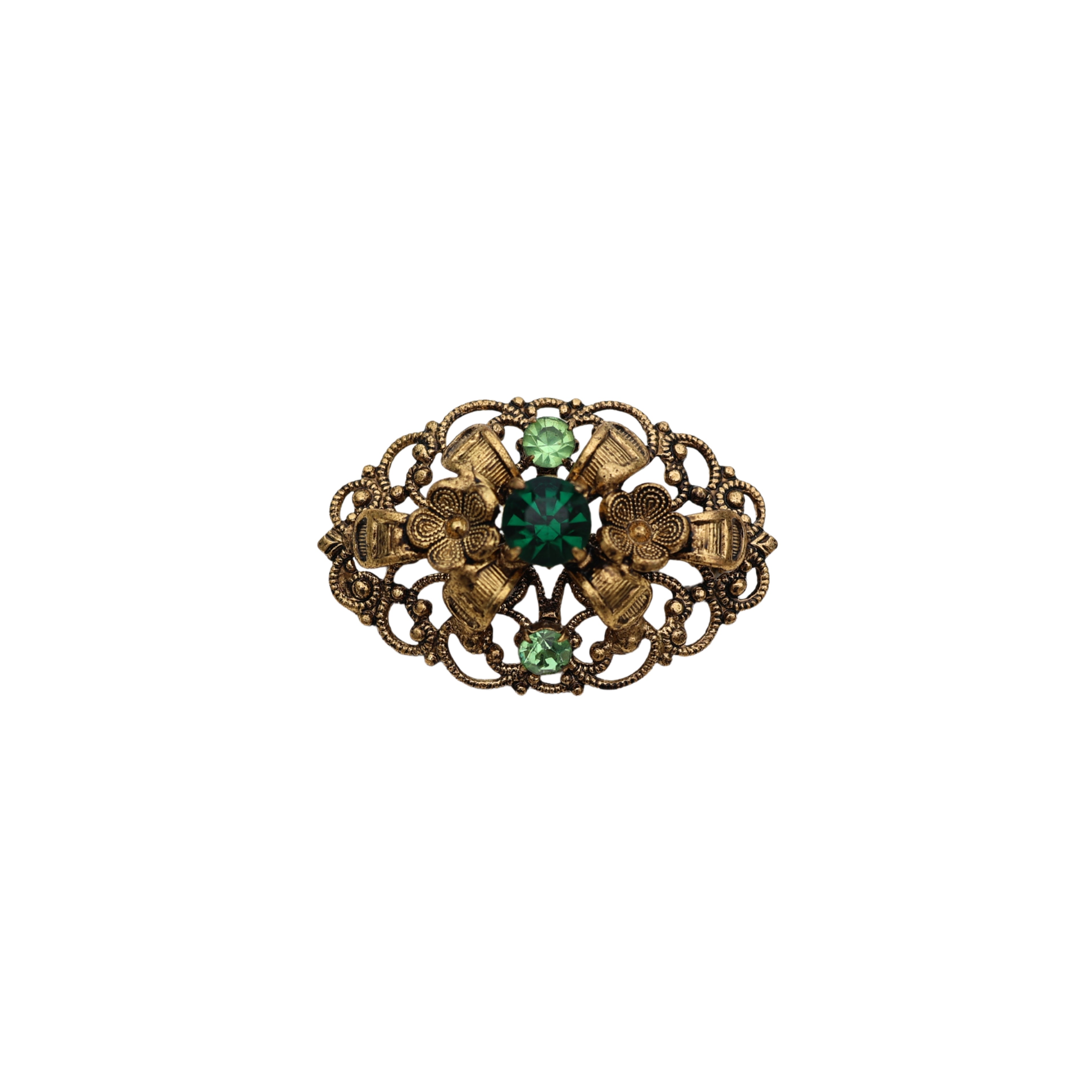 Green Rhinestone Filigree Brooch