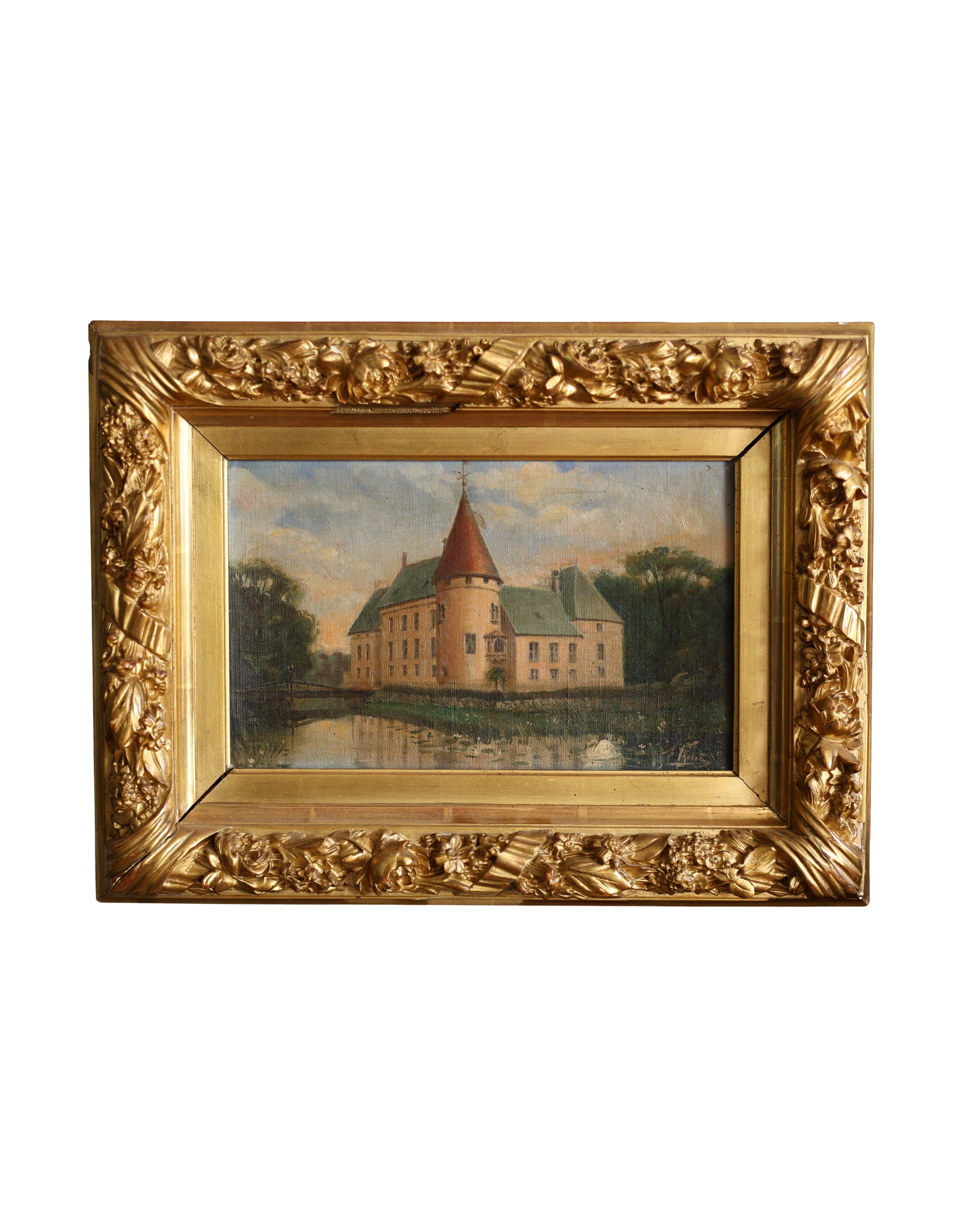 Örtofta Castle Landscape Painting in Ornate Gilt Frame-1