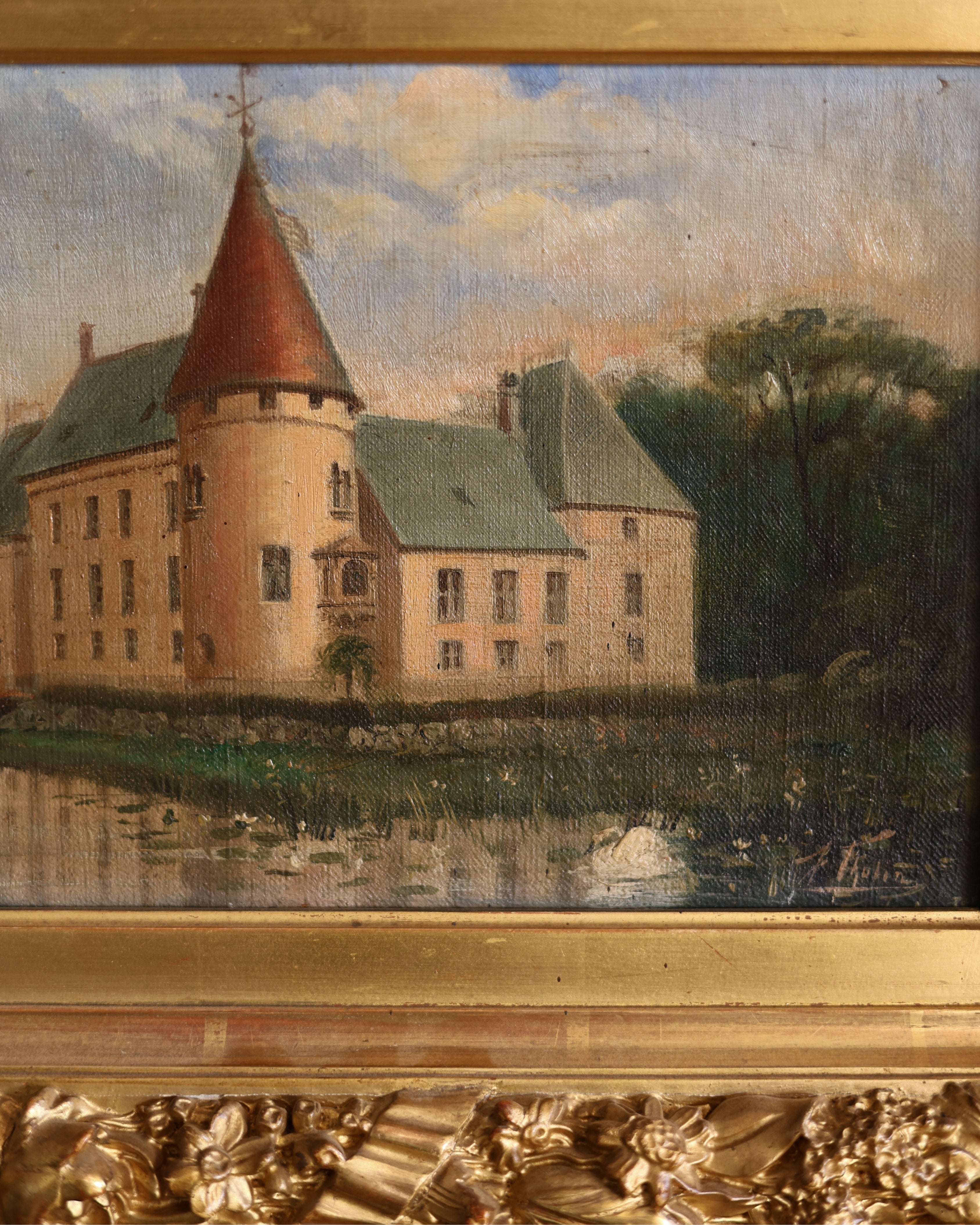 Örtofta Castle Landscape Painting in Ornate Gilt Frame-2