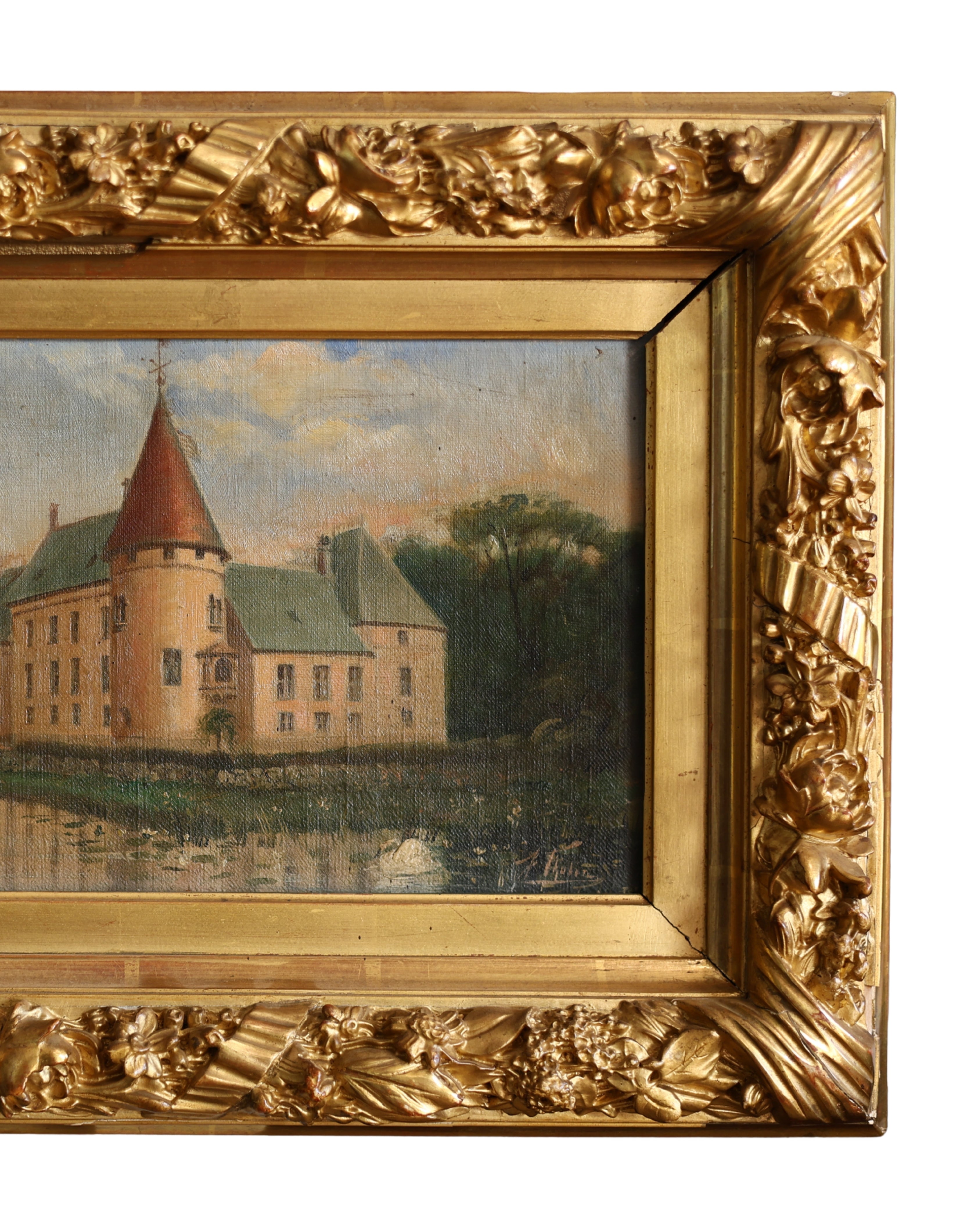 Örtofta Castle Landscape Painting in Ornate Gilt Frame-4