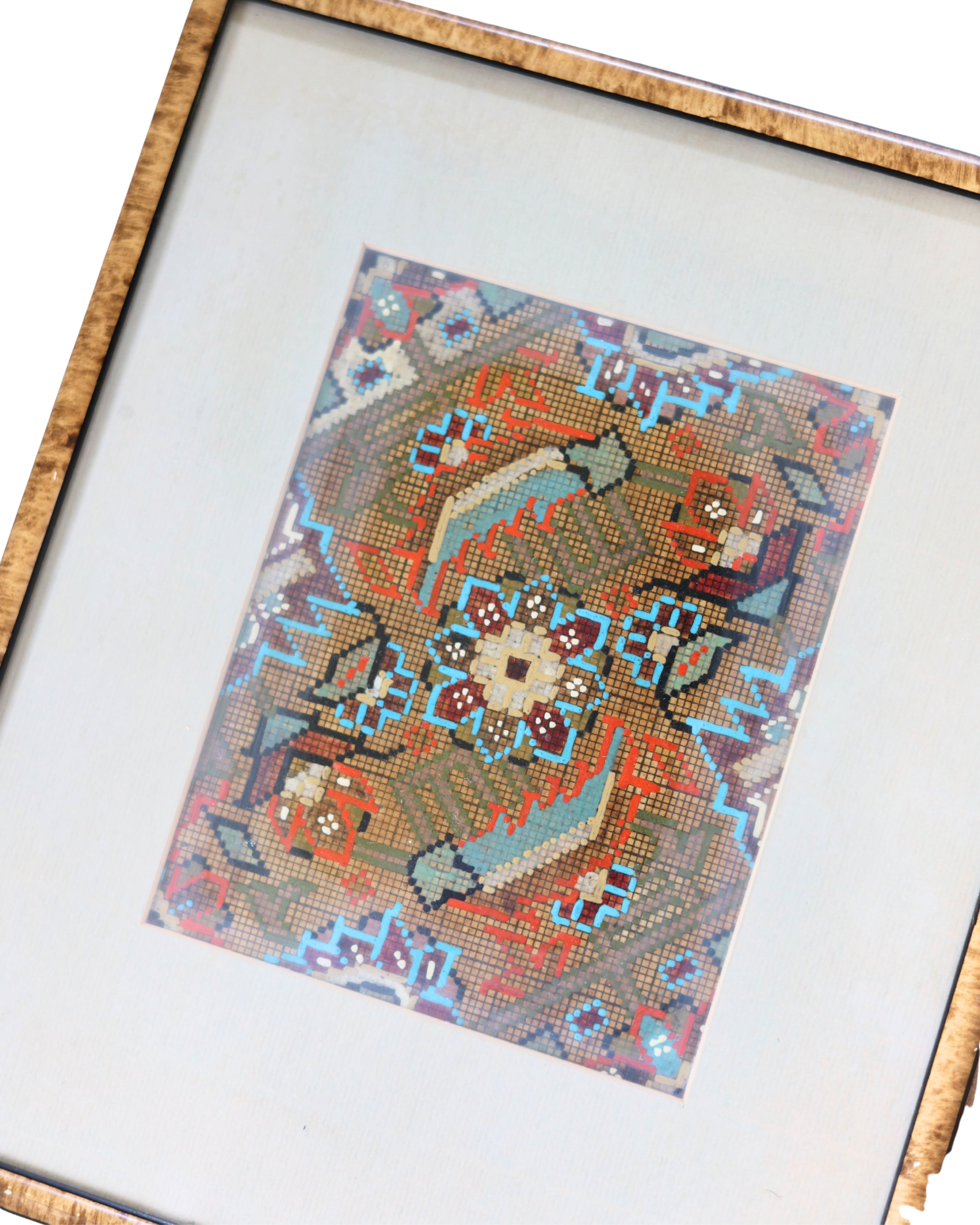 Hand-Painted Rug Design Study, Geometric & Floral-2