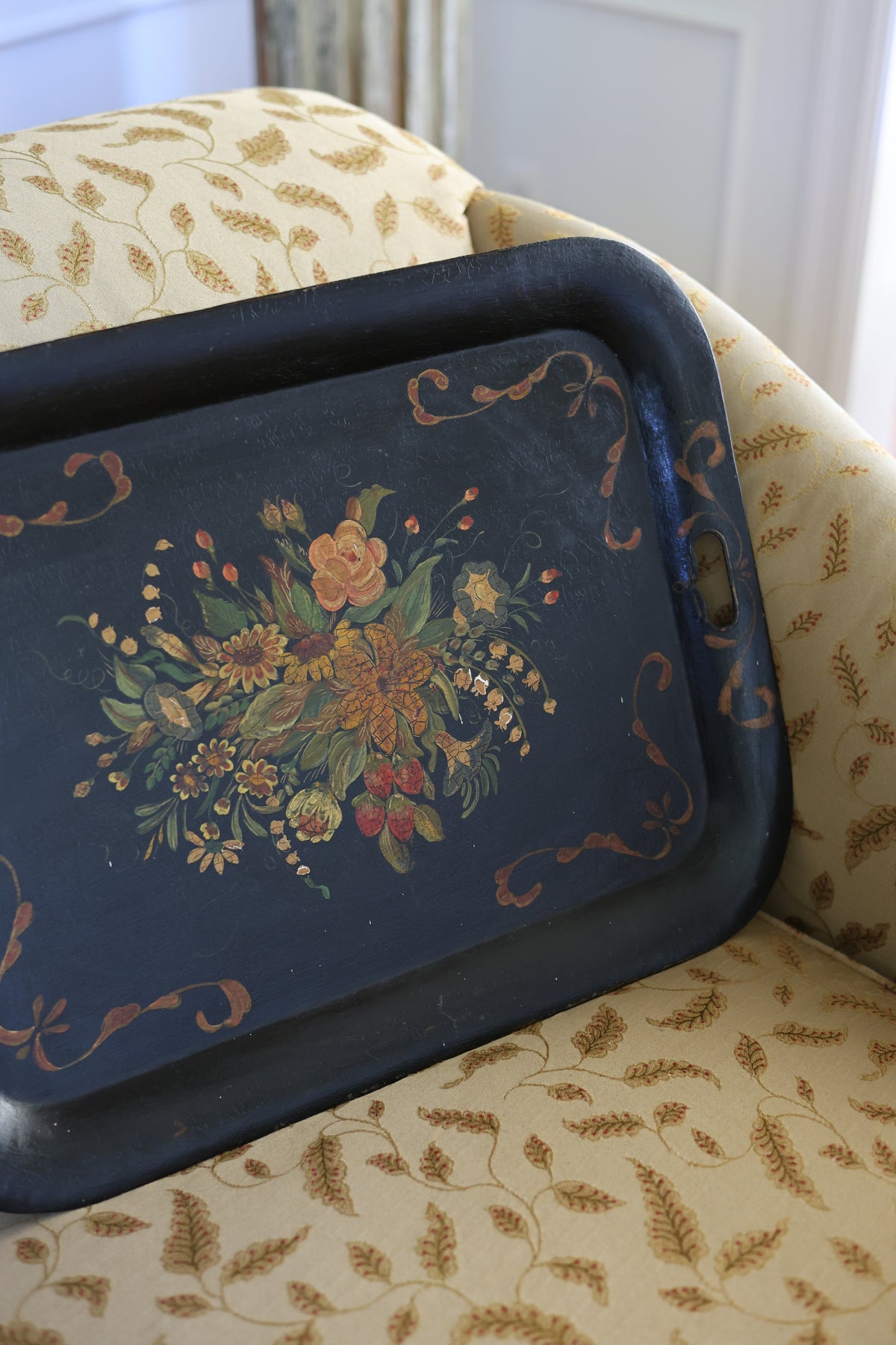 Hand-Painted Floral Toleware Serving Tray-1