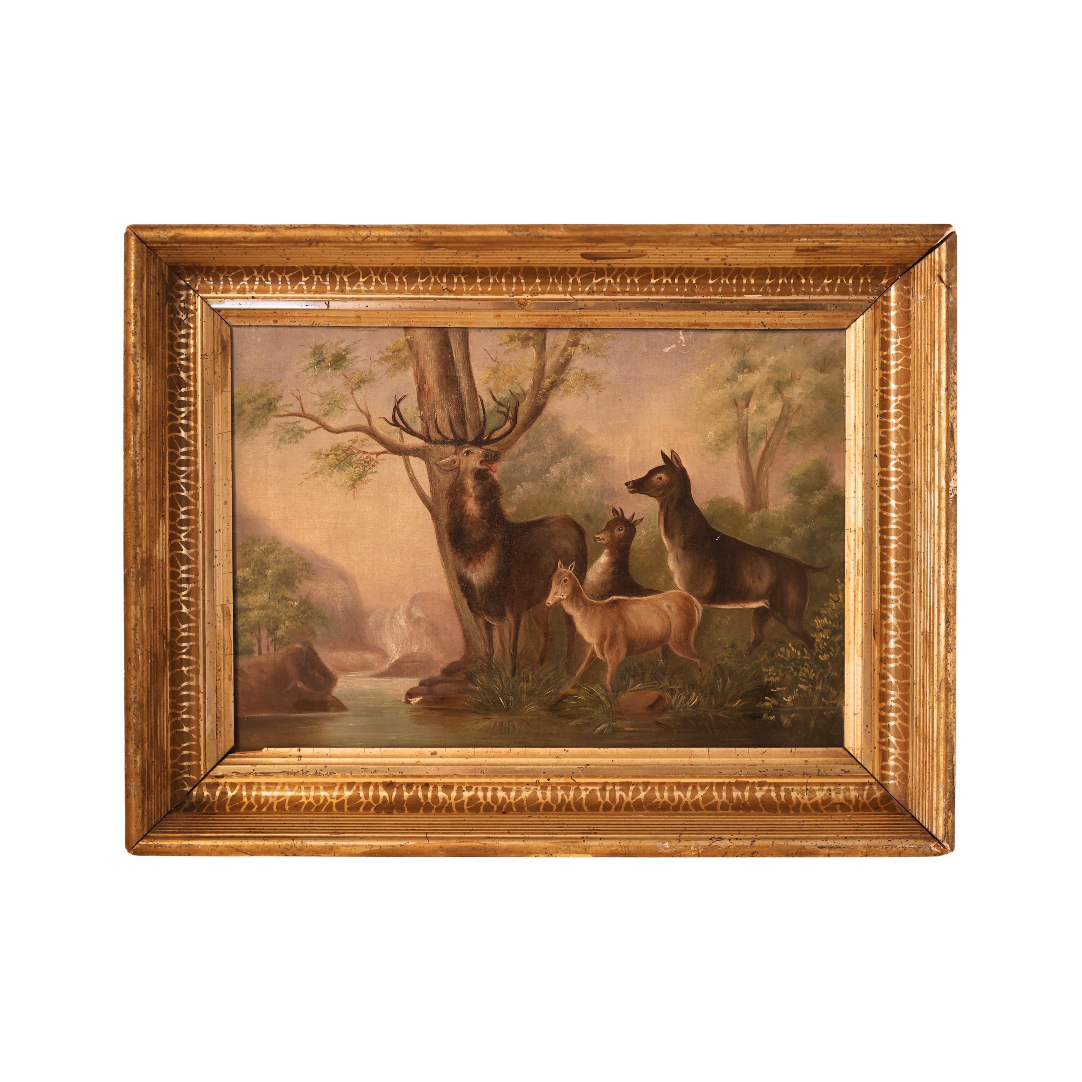 Stag and Deer in Woodland Oil Painting