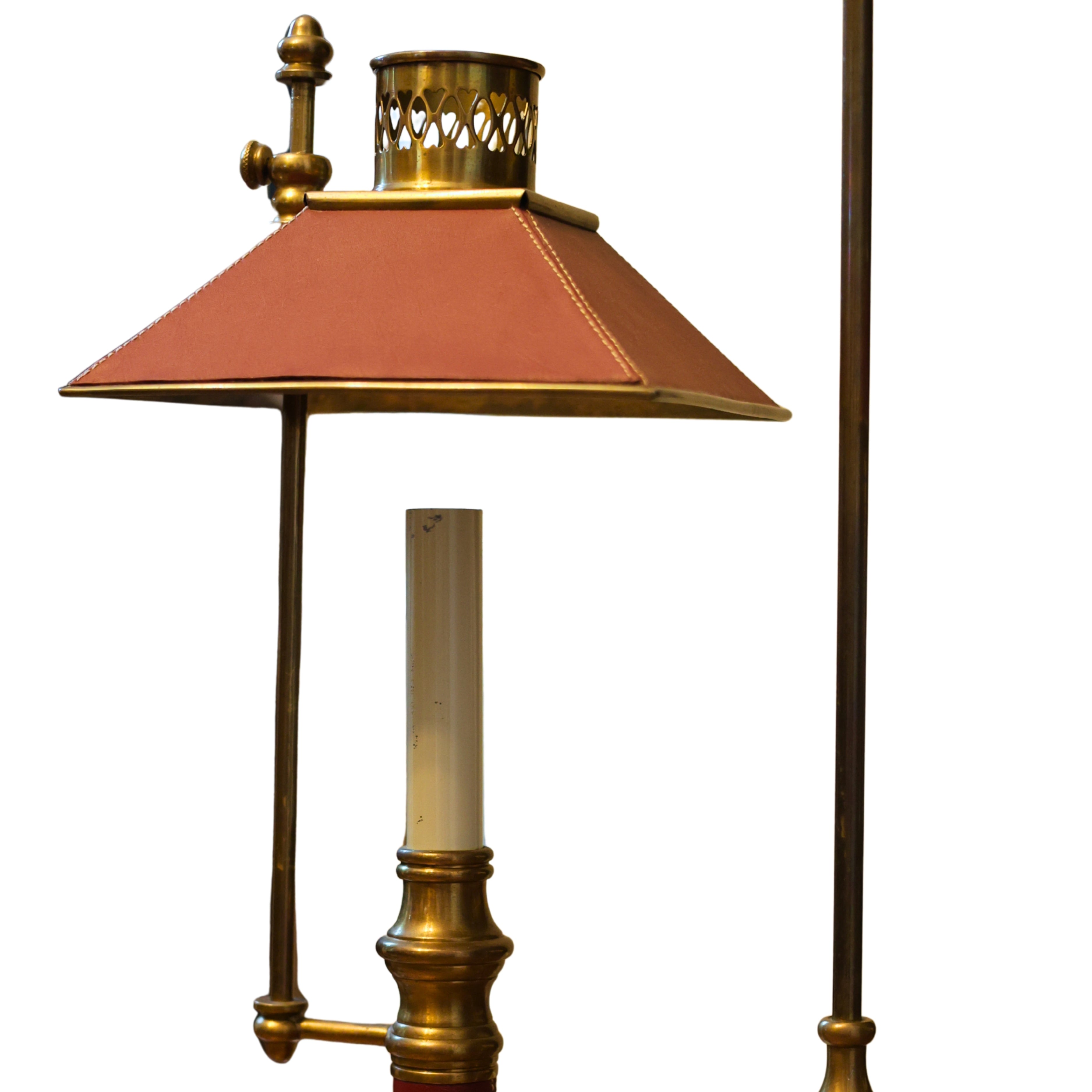Brass & Red Leather Double Lamp by Frederick Cooper