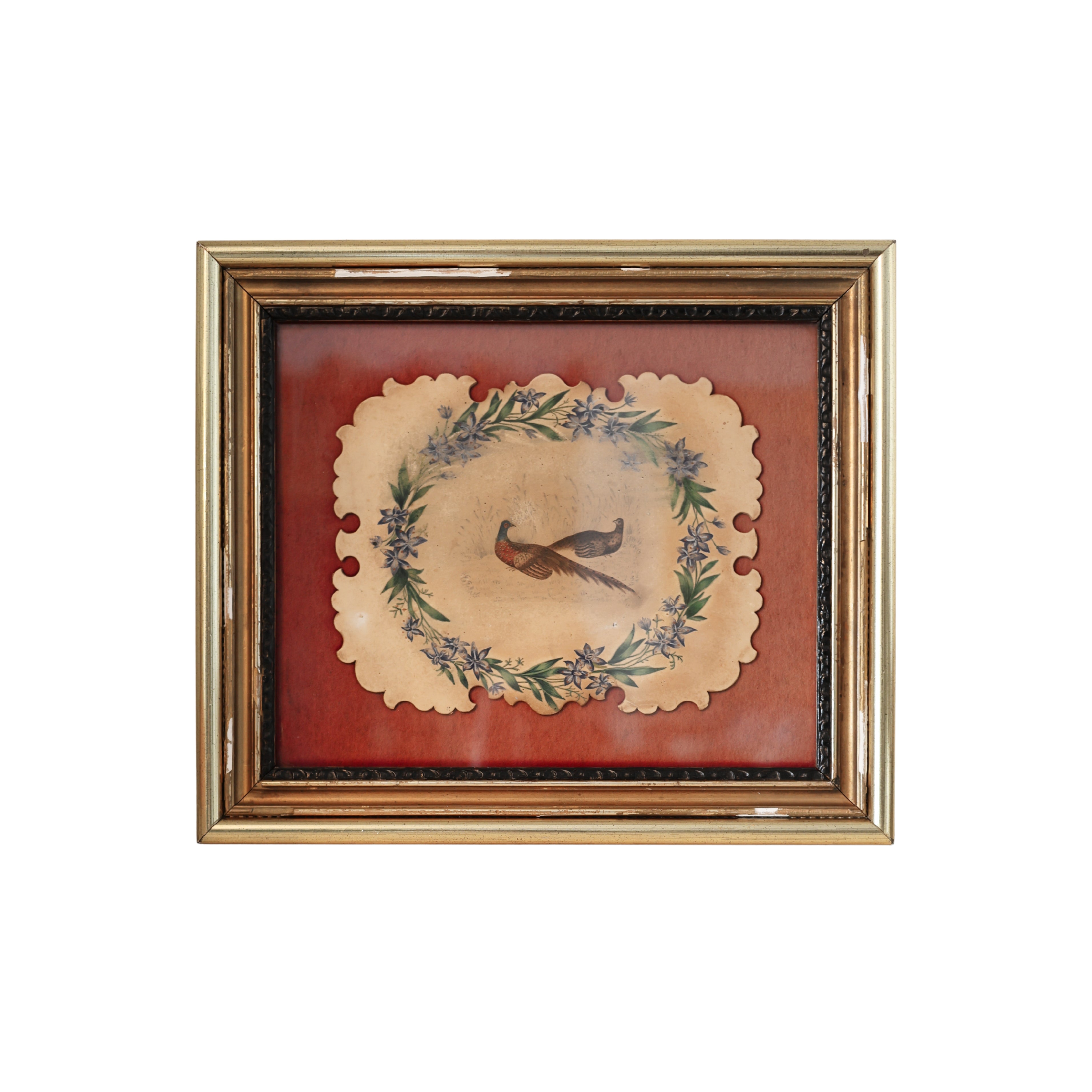 19th c. Hand-Painted Pheasant Face Fire Screen (Framed)