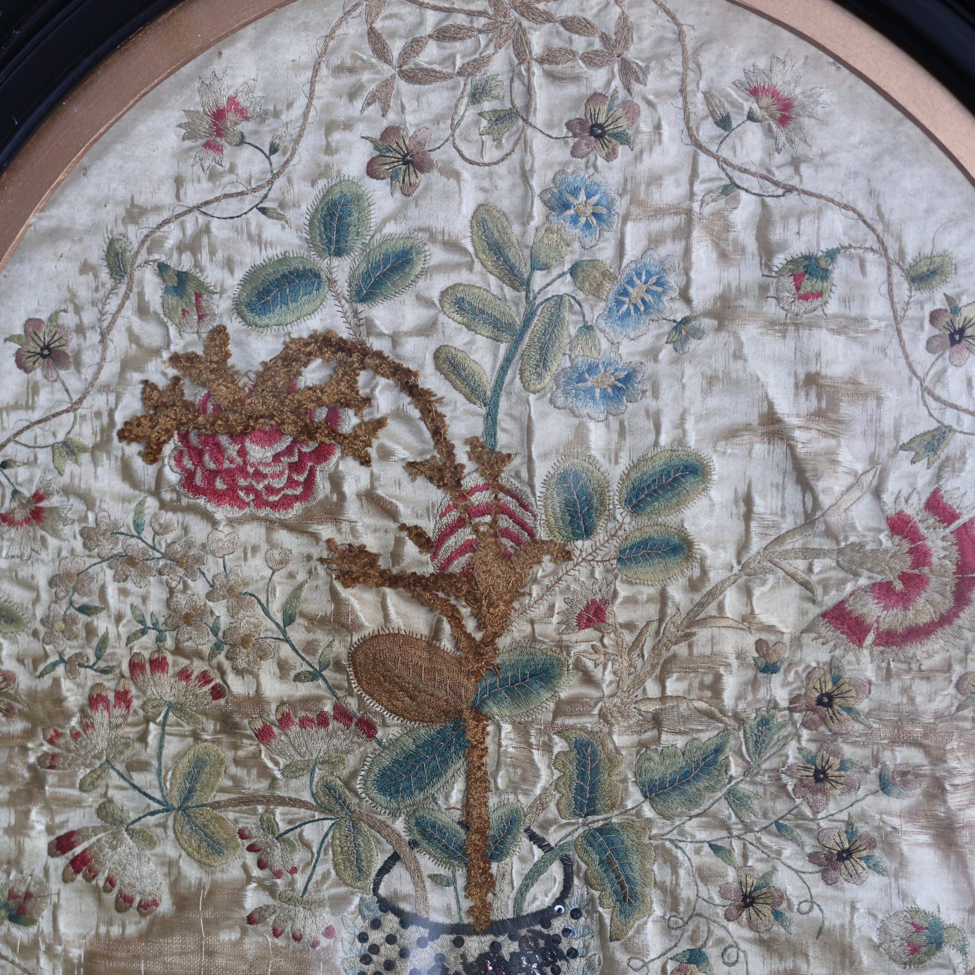 Late 18th c. Folk Art Silk Stumpwork Floral Embroidery, A