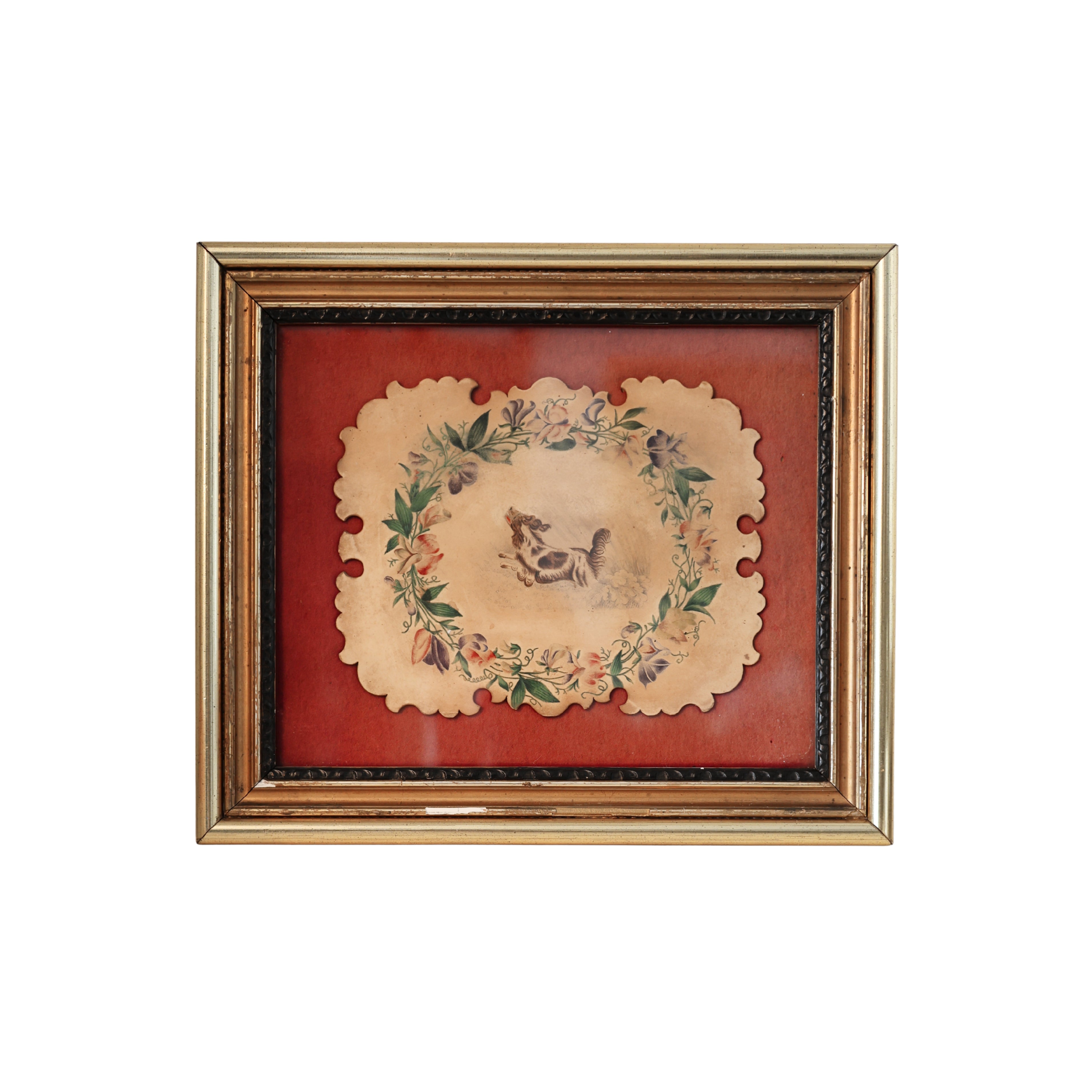 19th c. Hand-Painted Dog Face Fire Screen (Framed)