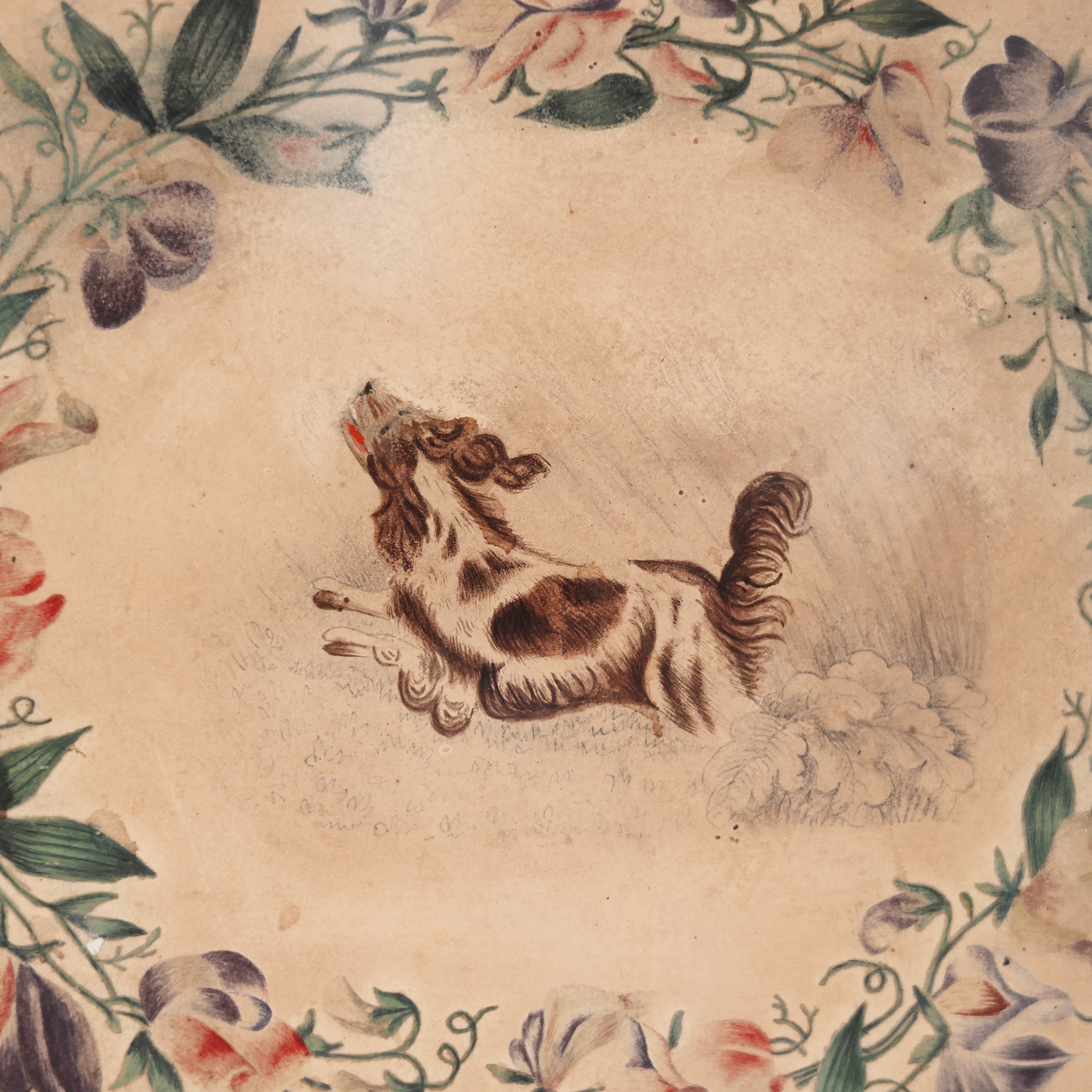 19th c. Hand-Painted Dog Face Fire Screen (Framed)