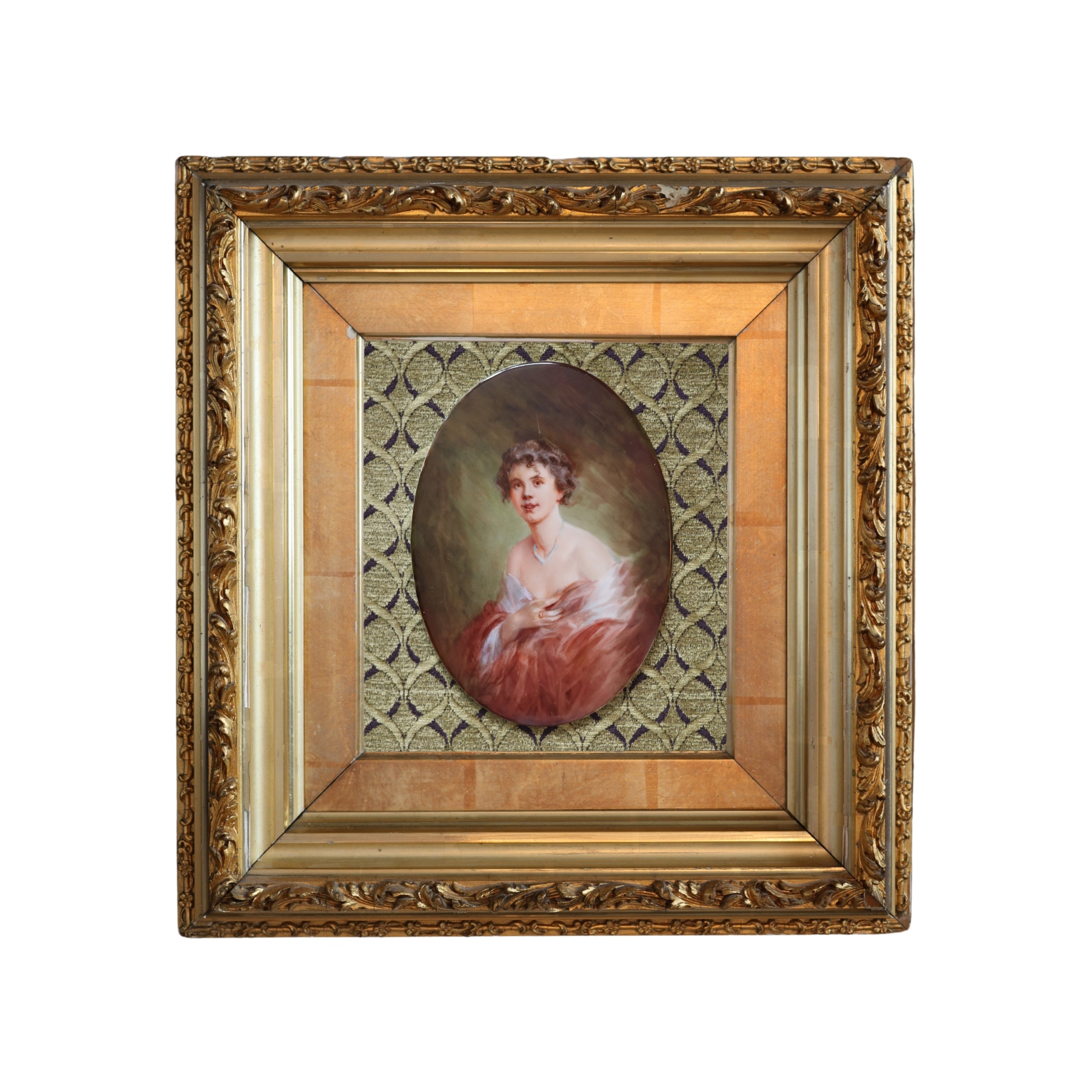 Hand-Painted Hutschenreuther Porcelain Portrait in Antique Gilt Frame