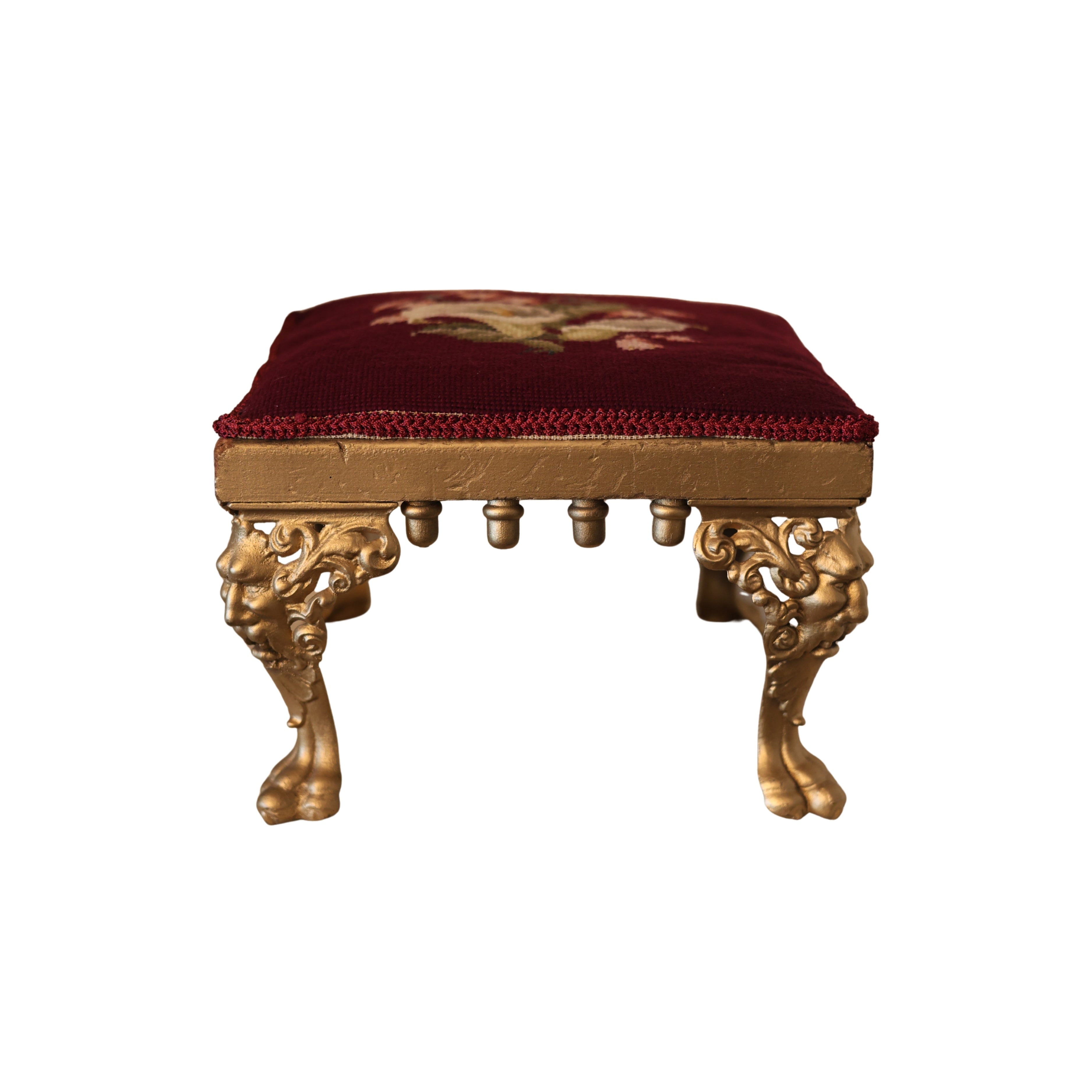 Crimson Needlepoint Stool with Lion Mask Legs