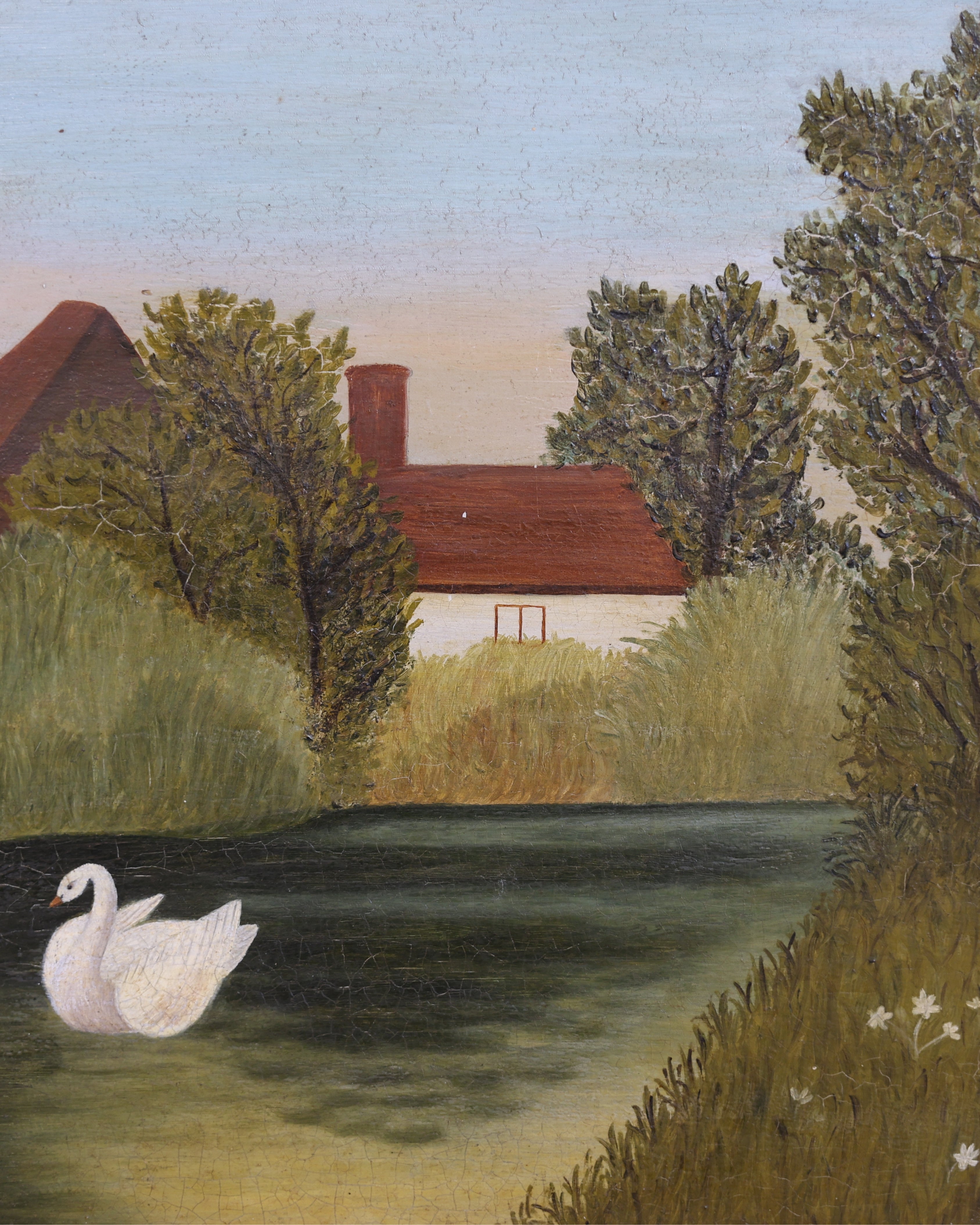 Folk Art Landscape Painting with Swan