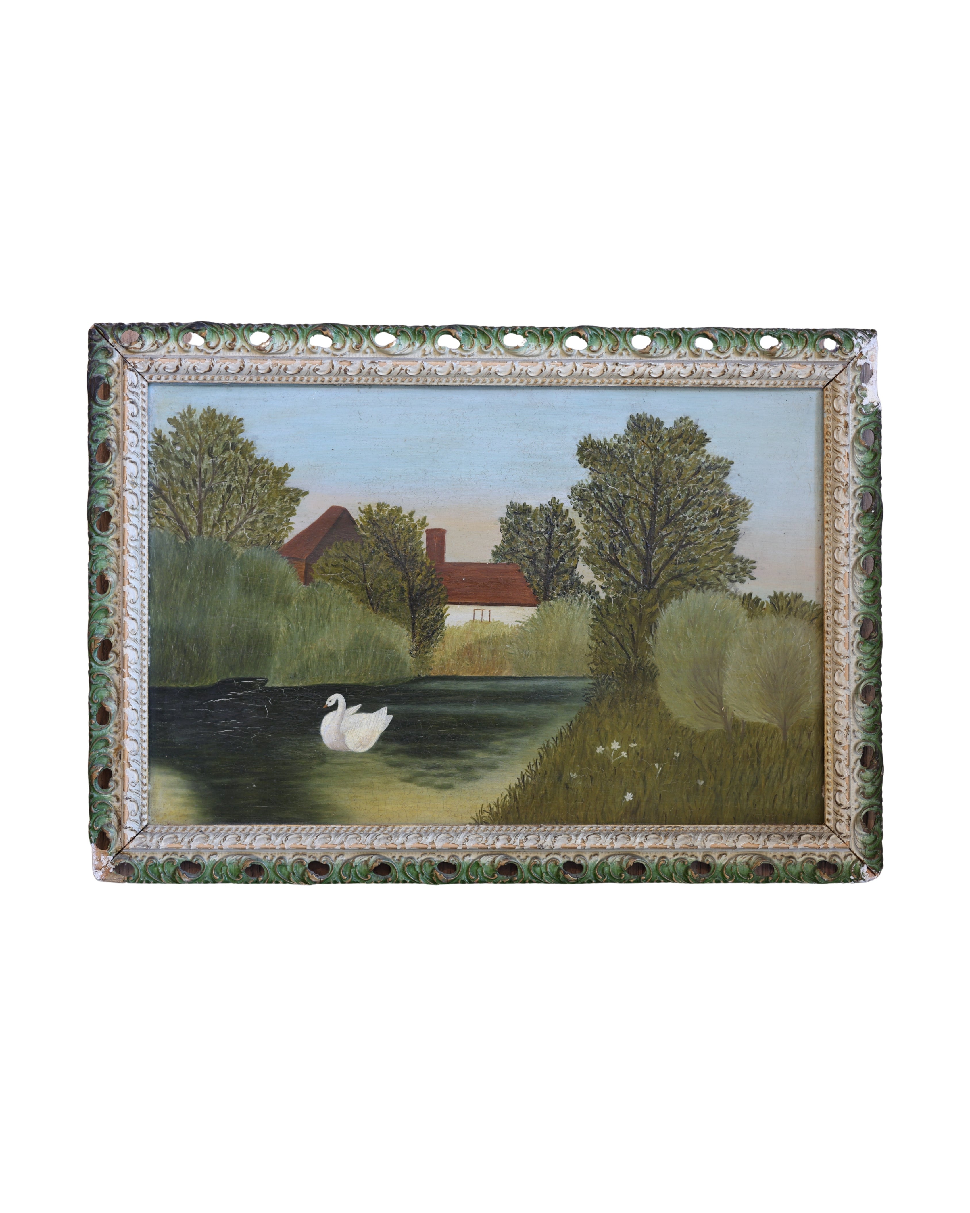 Folk Art Landscape Painting with Swan