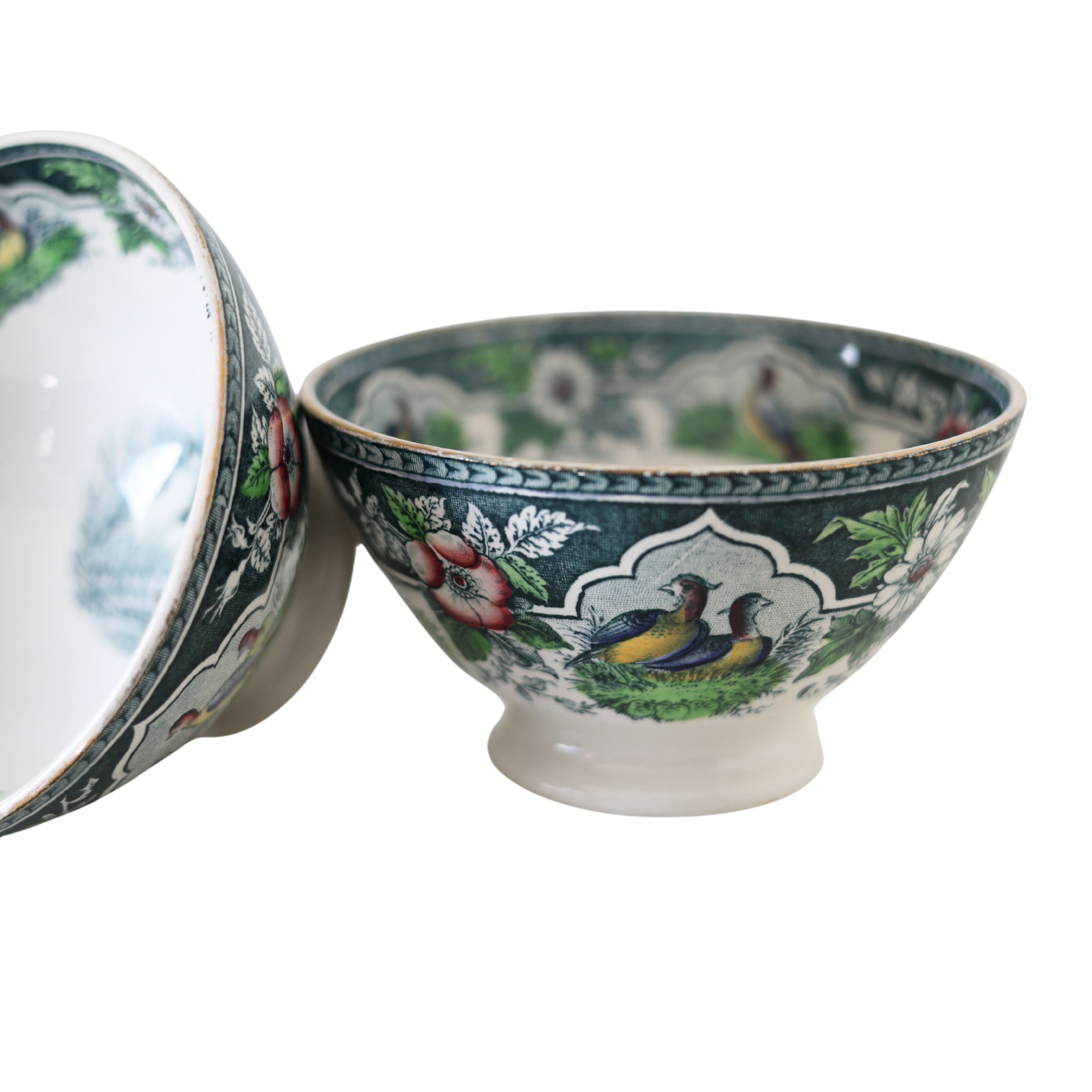 French Portieux Vallerysthal “Blue Quail” Pattern Bowls, Pair