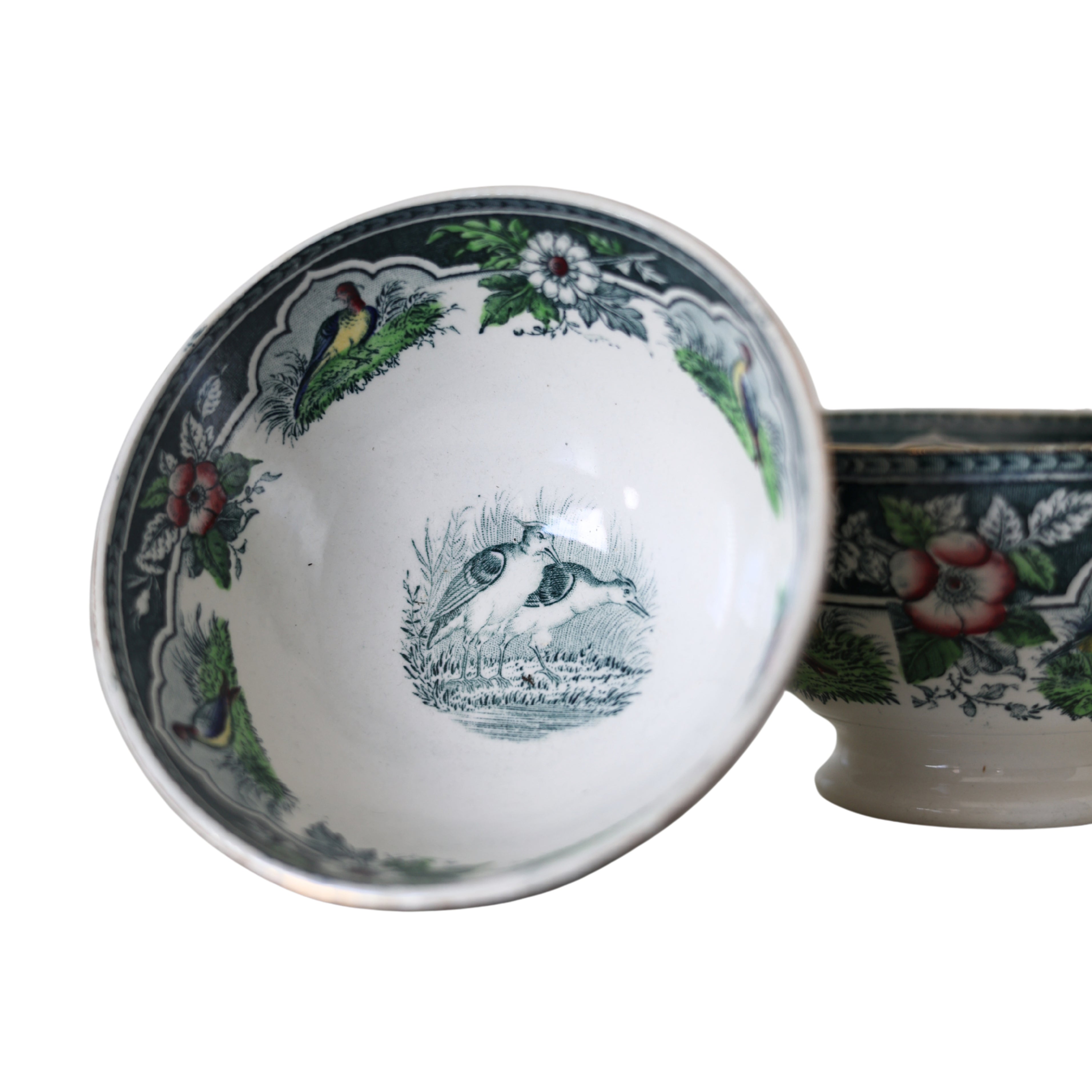 French Portieux Vallerysthal “Blue Quail” Pattern Bowls, Pair