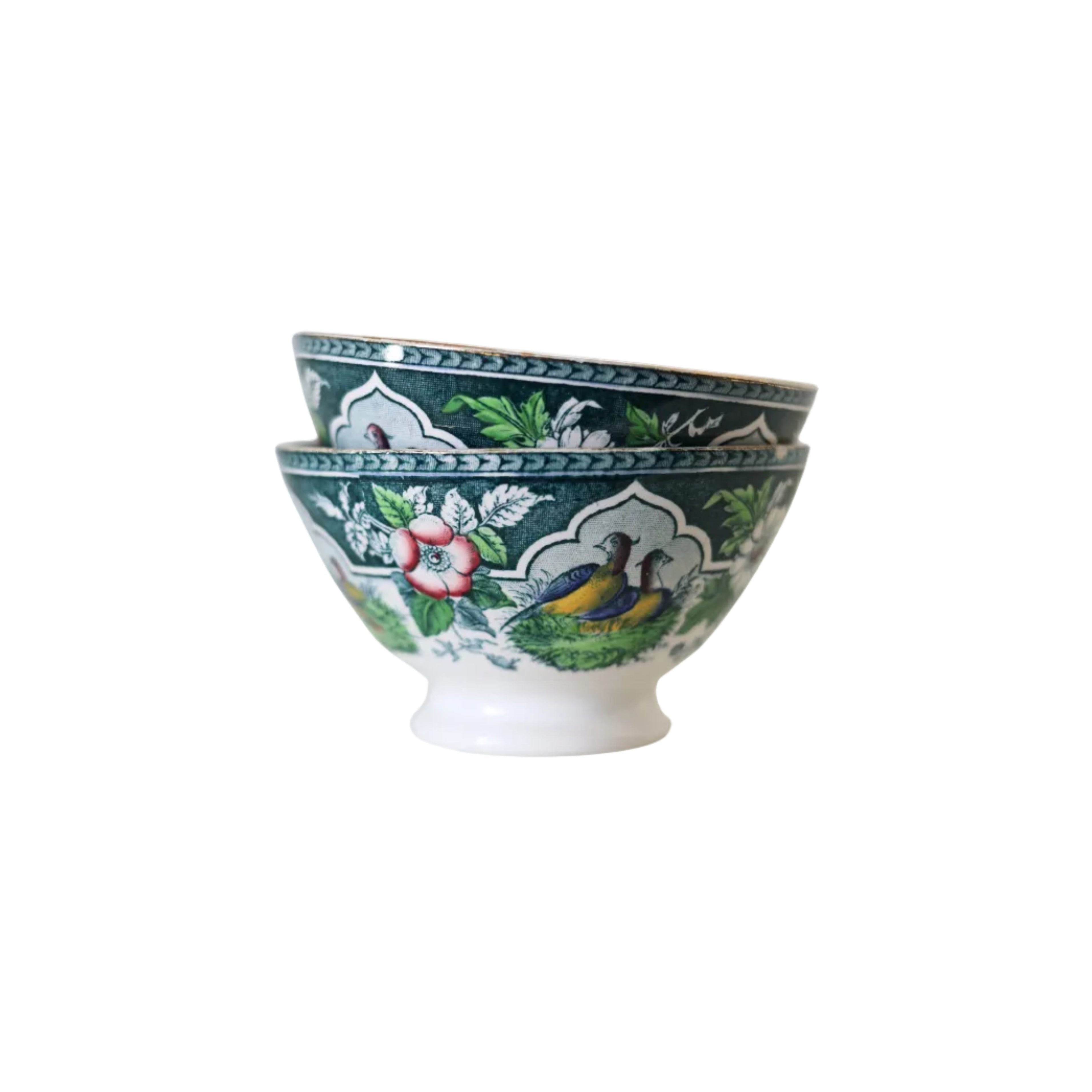 French Portieux Vallerysthal “Blue Quail” Pattern Bowls, Pair