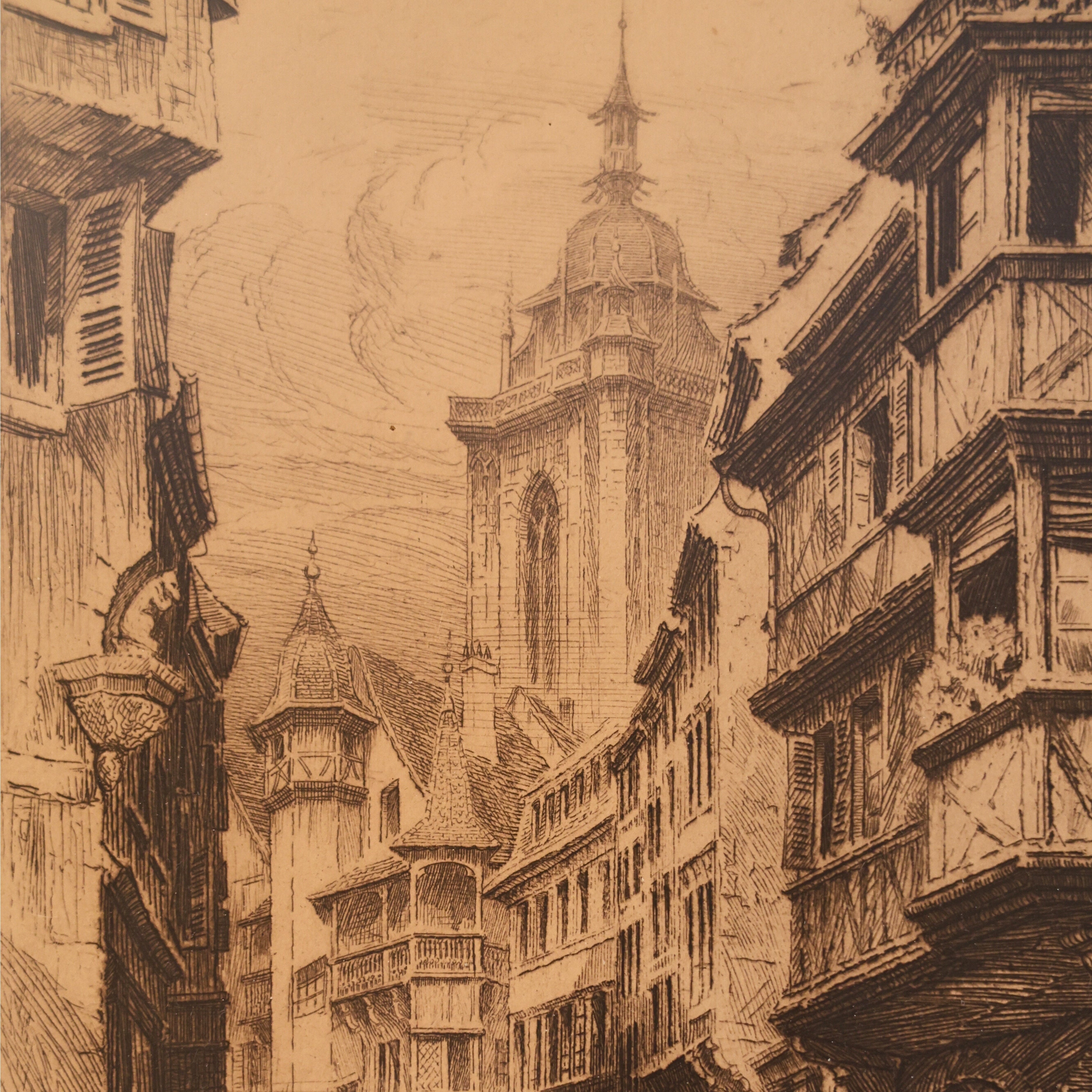 Architectural Etching — “Rue des Marchands, Colmar” by Charles Pinet (1867-1932)